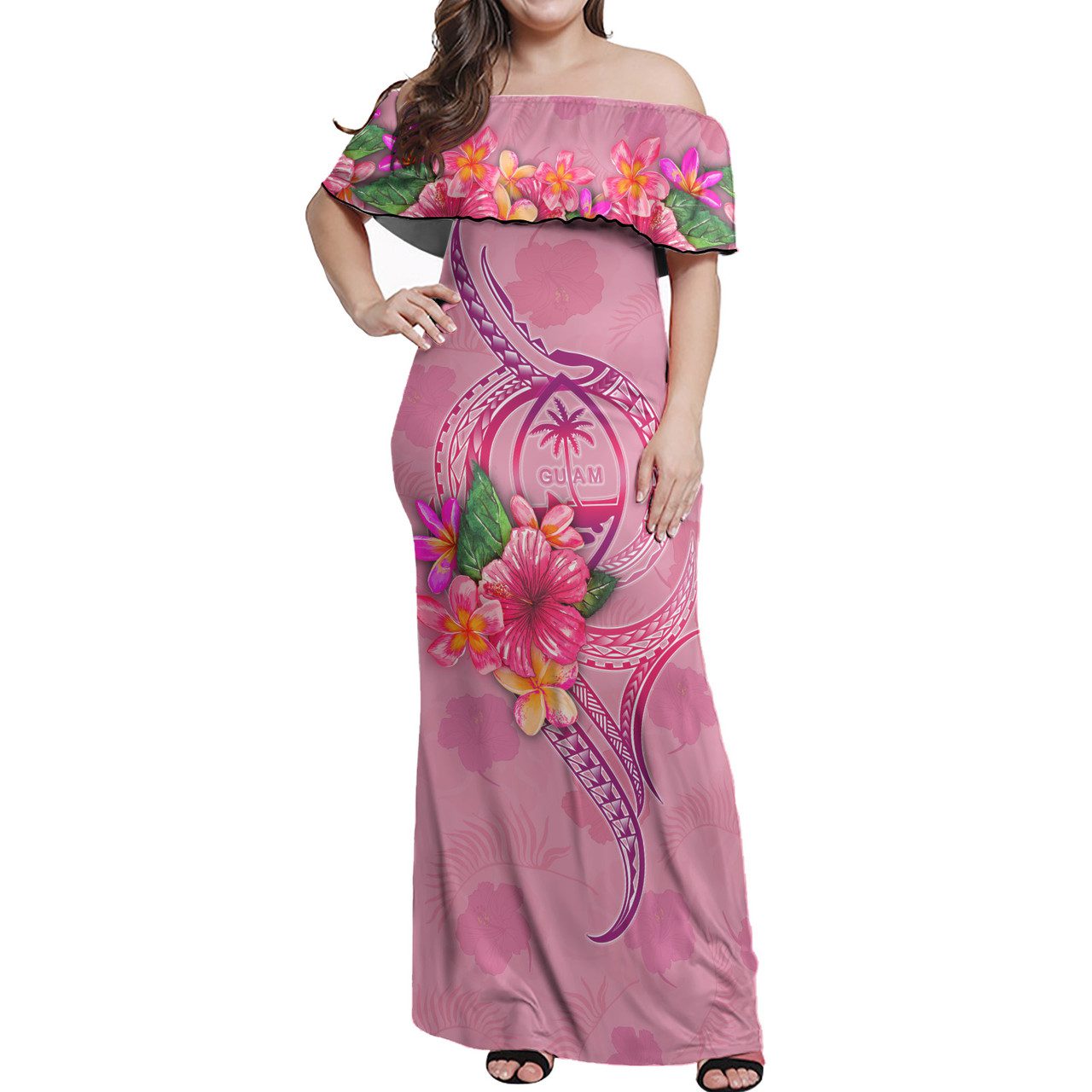 Guam Combo Off Shoulder Long Dress And Shirt Floral With Seal Pink