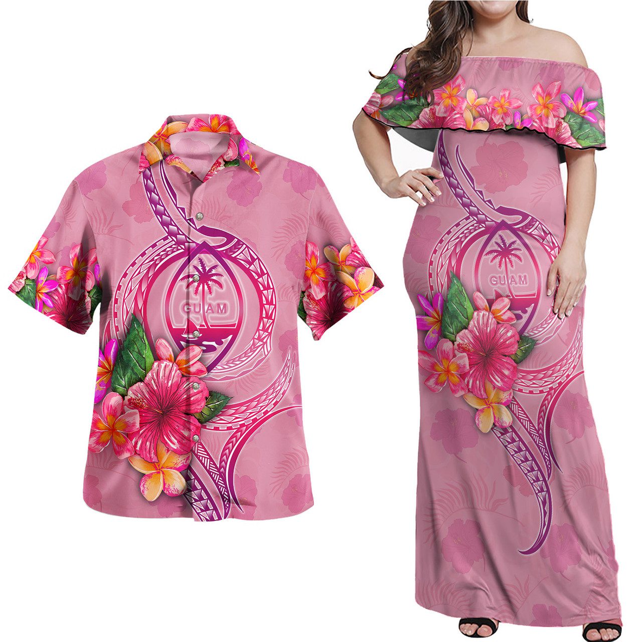 Guam Combo Off Shoulder Long Dress And Shirt Floral With Seal Pink