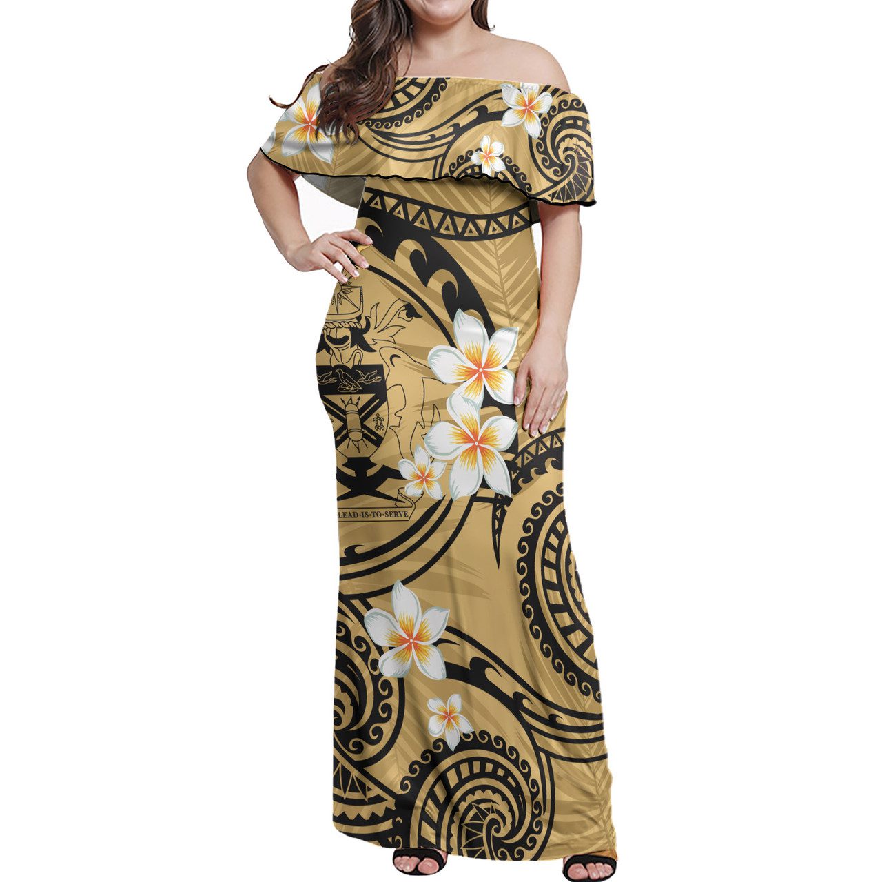 Solomon Islands Off Shoulder Long Dress Plumeria Flowers Tribal Motif Yellow Version