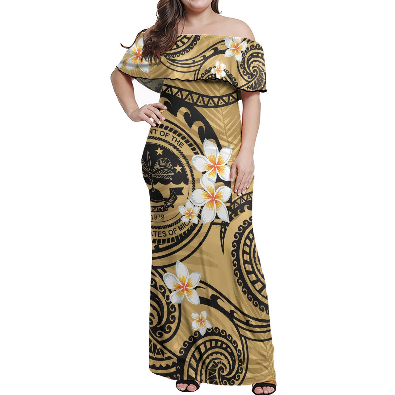 Federated States Of Micronesia Off Shoulder Long Dress Plumeria Flowers Tribal Motif Yellow Version