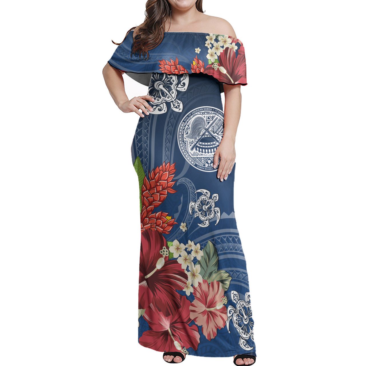 American Samoa Combo Off Shoulder Long Dress And Shirt Flower And Turtle