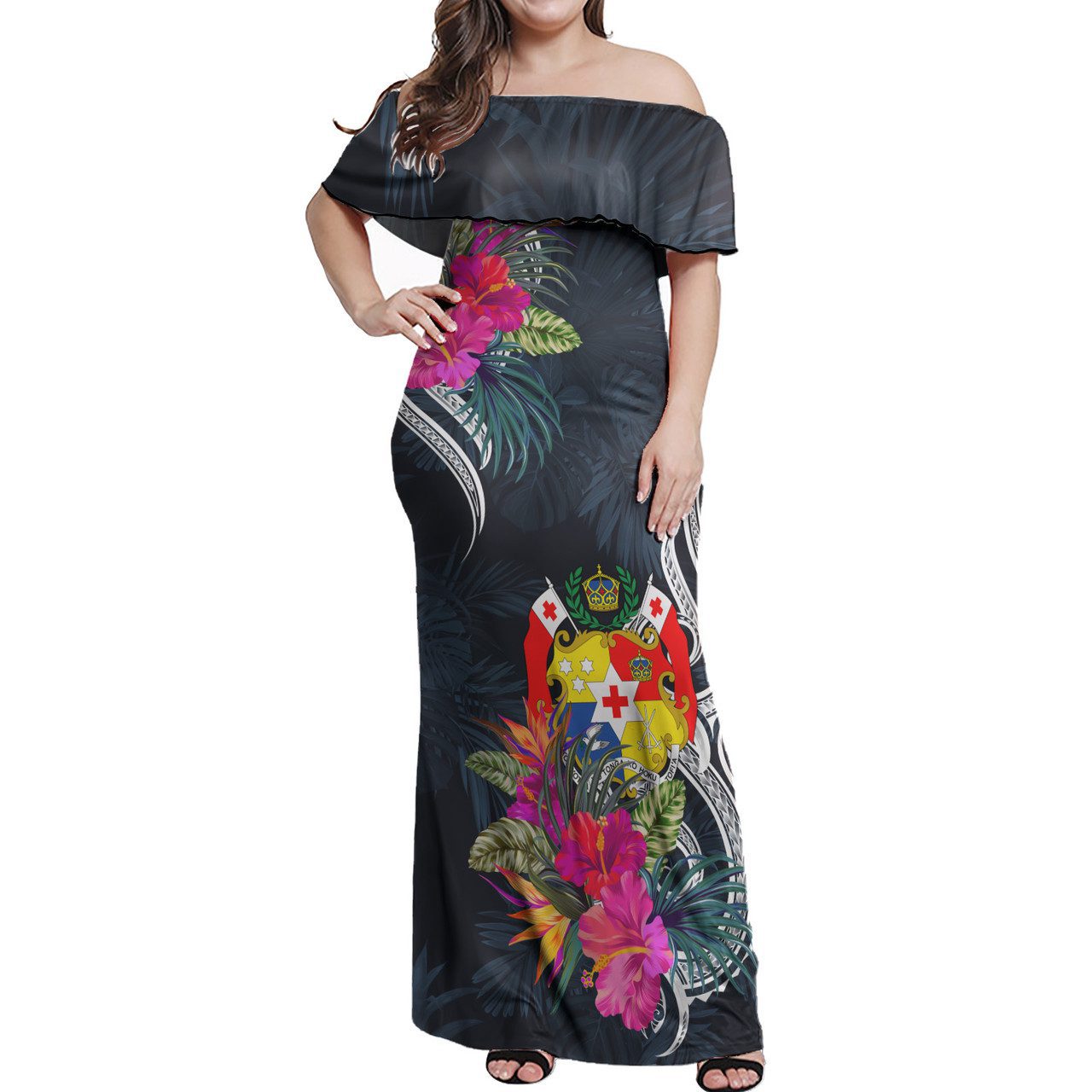 Tonga Combo Off Shoulder Long Dress And Shirt Tropical Flower