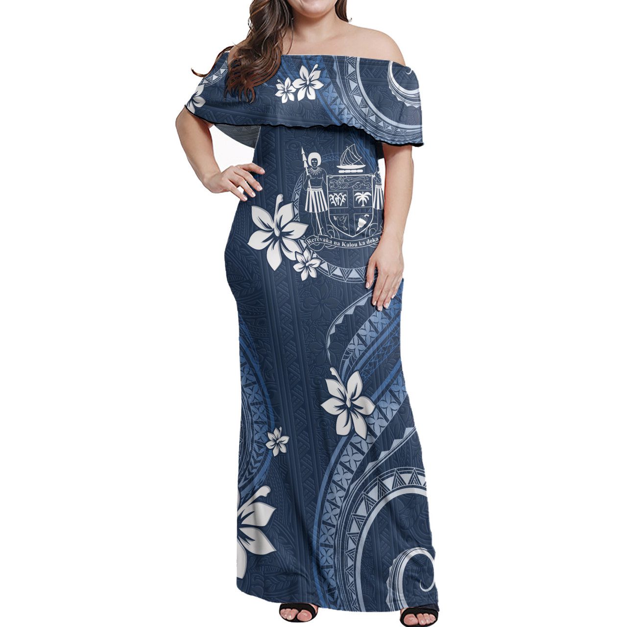 Fiji Off Shoulder Long Dress White Hibiscus Blue Pattern