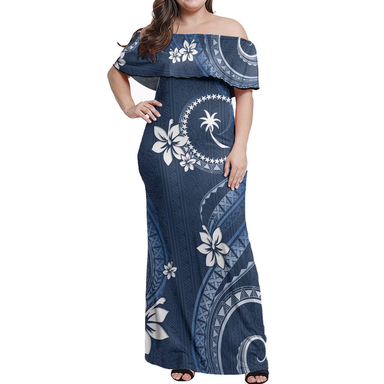 Chuuk State Off Shoulder Long Dress White Hibiscus Blue Pattern