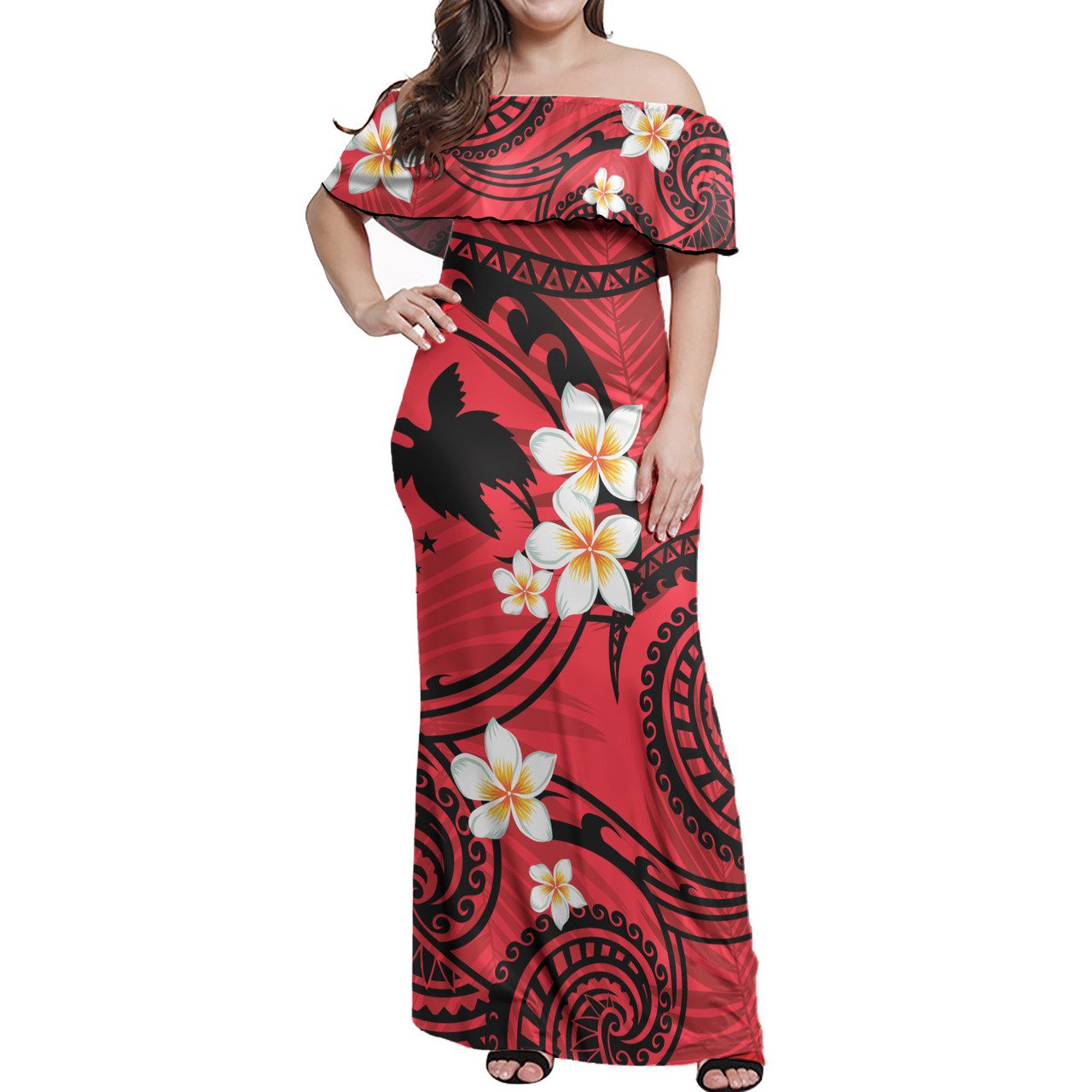 Papua New Guinea Off Shoulder Long Dress Plumeria Flowers Tribal Motif Red Version