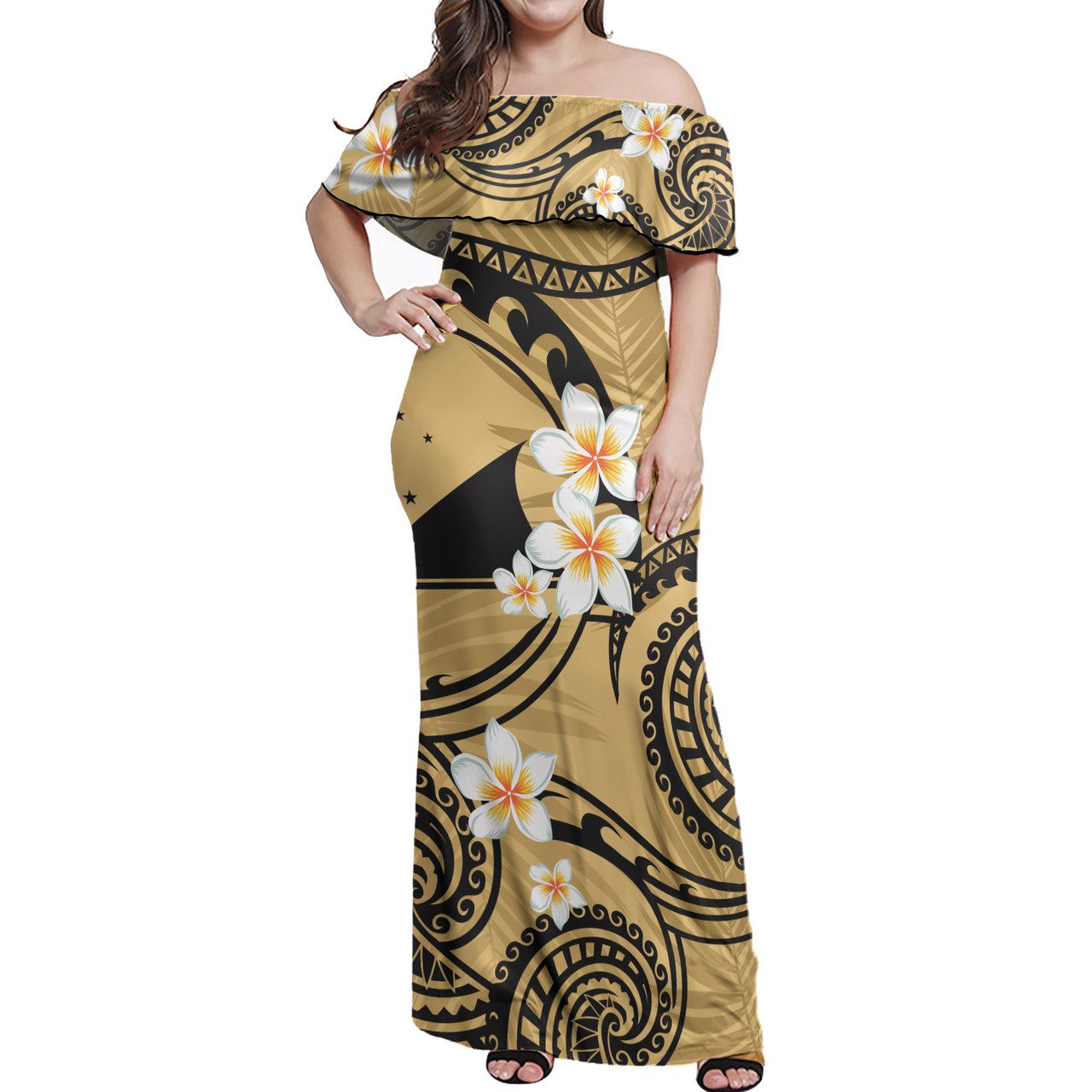 Tokelau Off Shoulder Long Dress Plumeria Flowers Tribal Motif Yellow Version