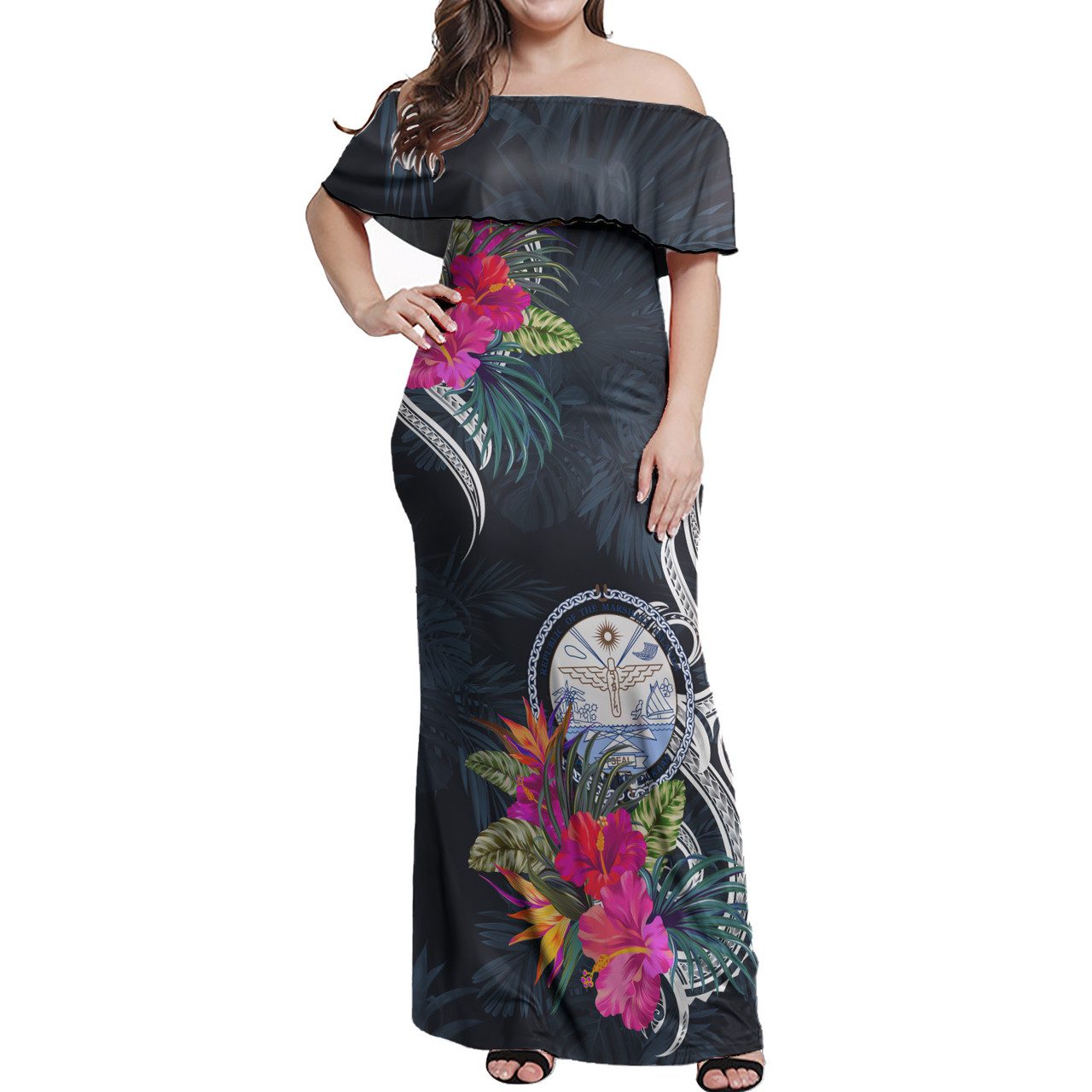 Marshall Islands Combo Off Shoulder Long Dress And Shirt Tropical Flower