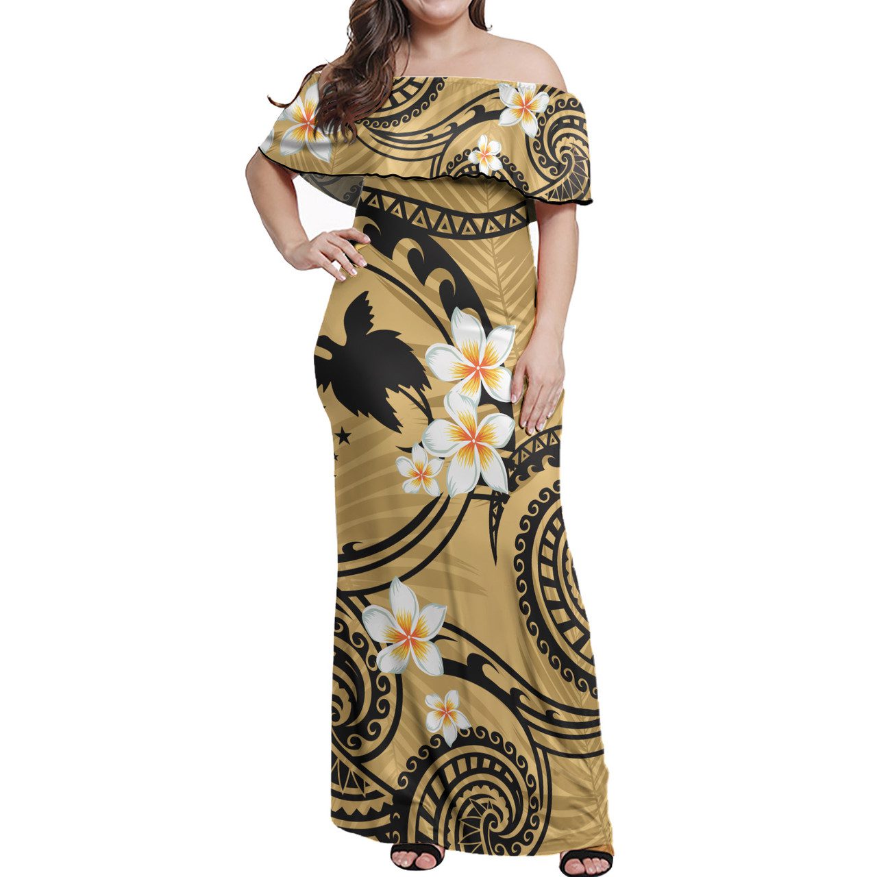 Papua New Guinea Off Shoulder Long Dress Plumeria Flowers Tribal Motif Yellow Version