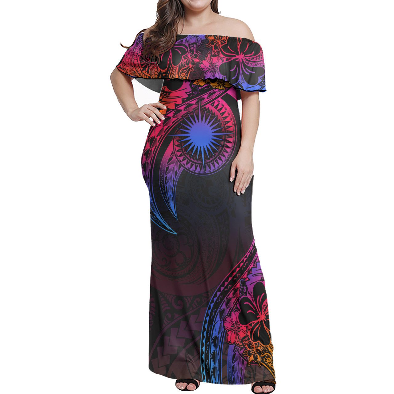 Marshall Islands Combo Off Shoulder Long Dress And Shirt Rainbow Style