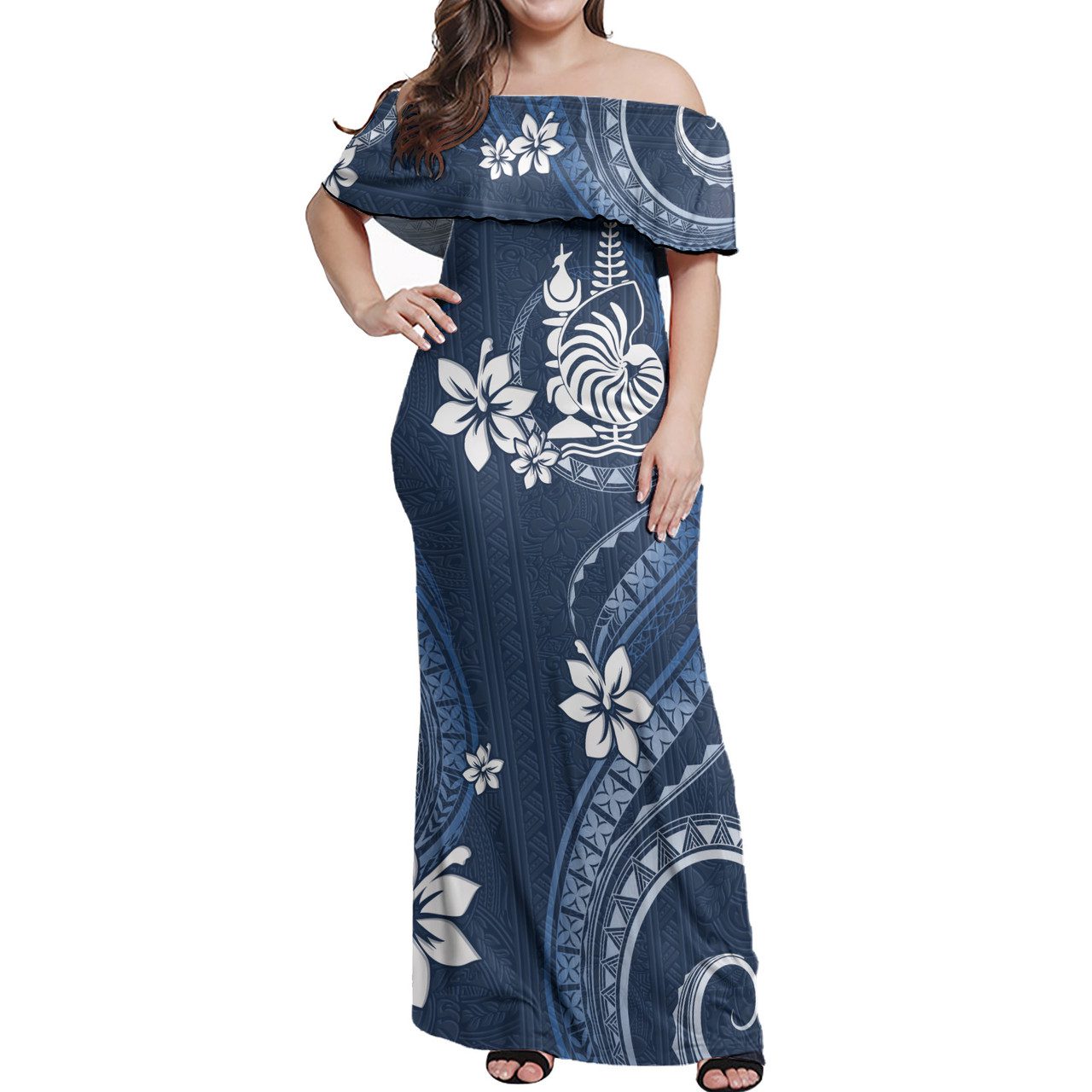 New Caledonia Off Shoulder Long Dress White Hibiscus Blue Pattern