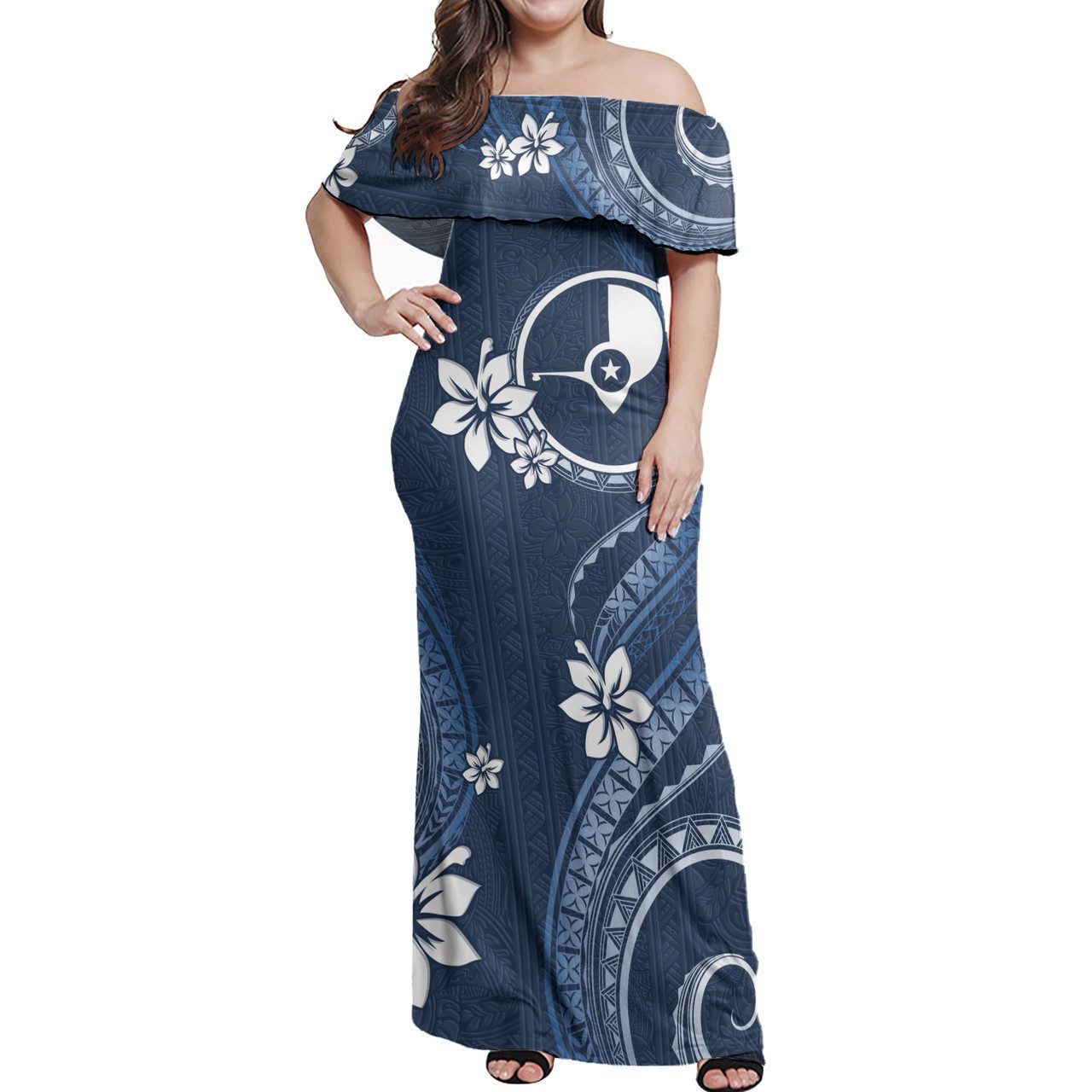 Yap State Off Shoulder Long Dress White Hibiscus Blue Pattern