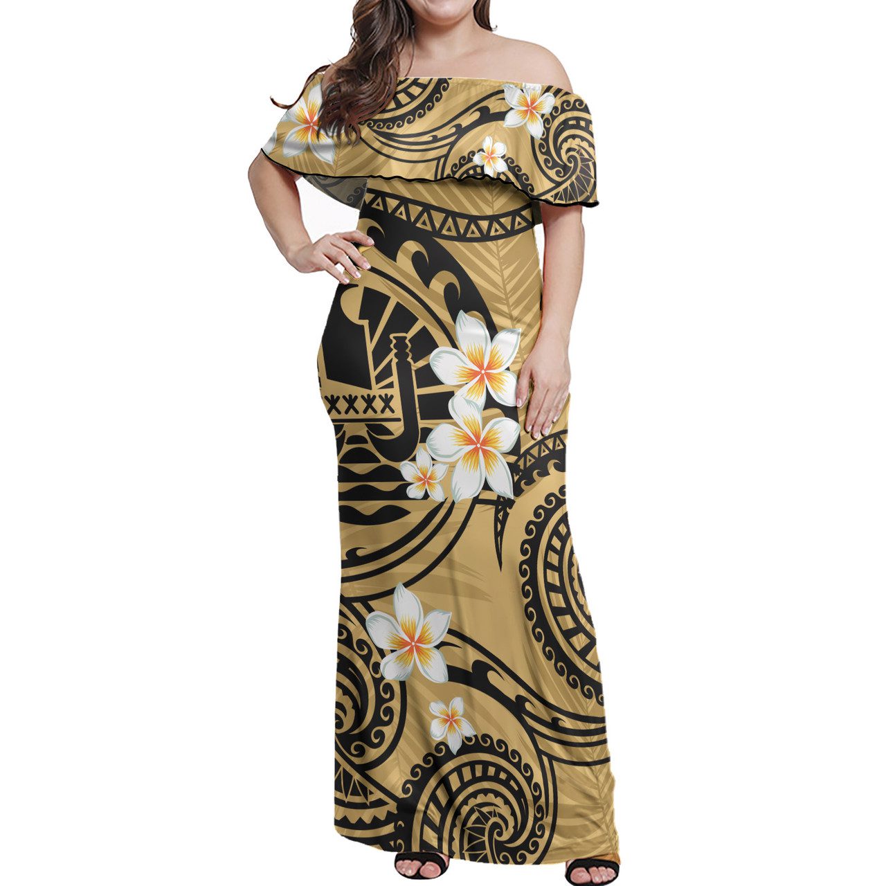 Tahiti Off Shoulder Long Dress Plumeria Flowers Tribal Motif Yellow Version