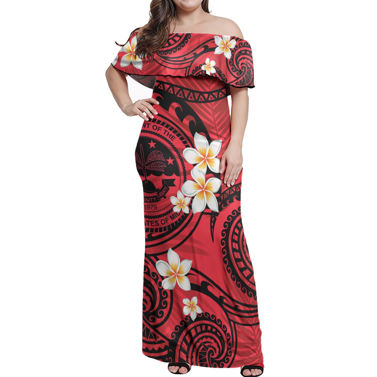 Federated States Of Micronesia Off Shoulder Long Dress Plumeria Flowers Tribal Motif Red Version