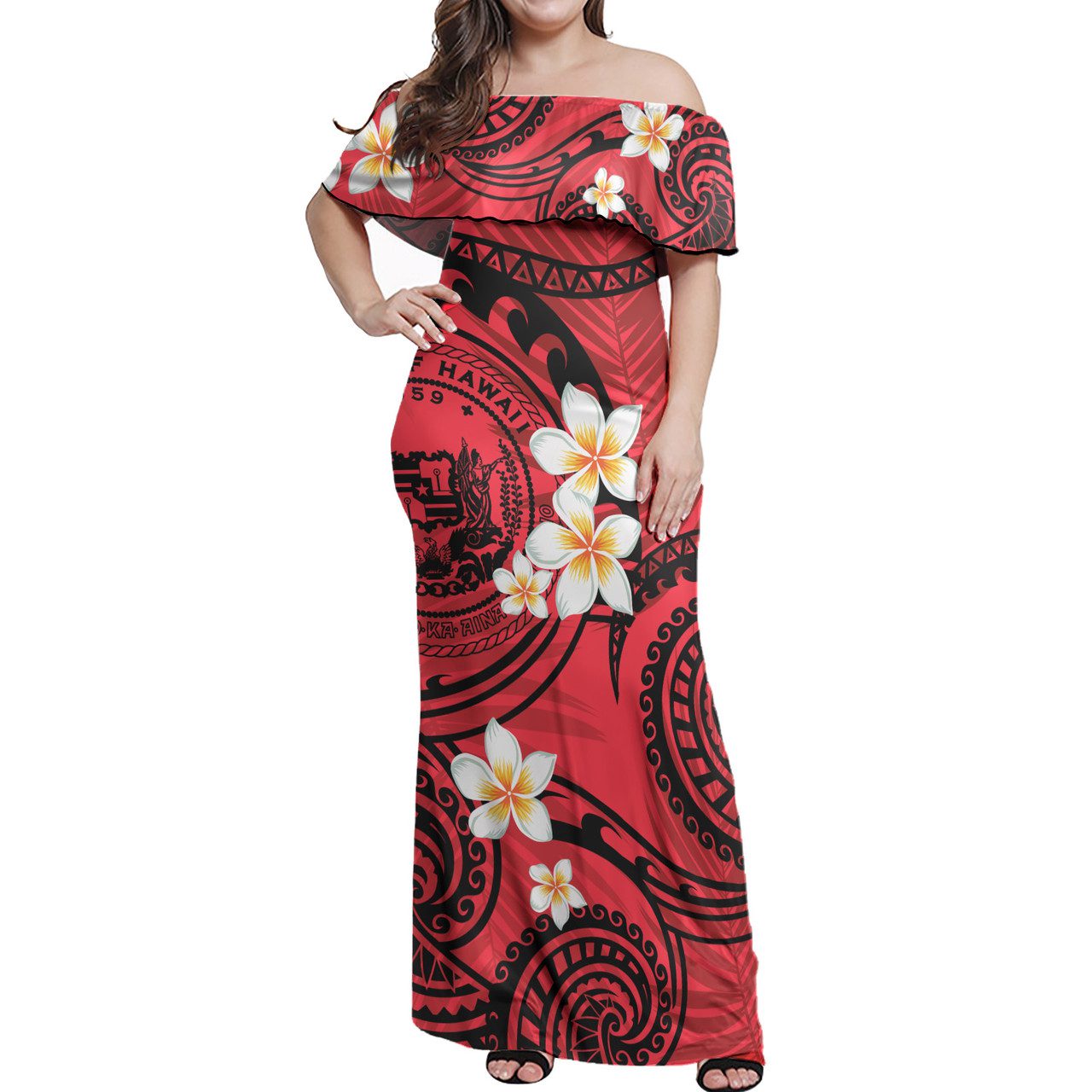 Hawaii Off Shoulder Long Dress Plumeria Flowers Tribal Motif Red Version
