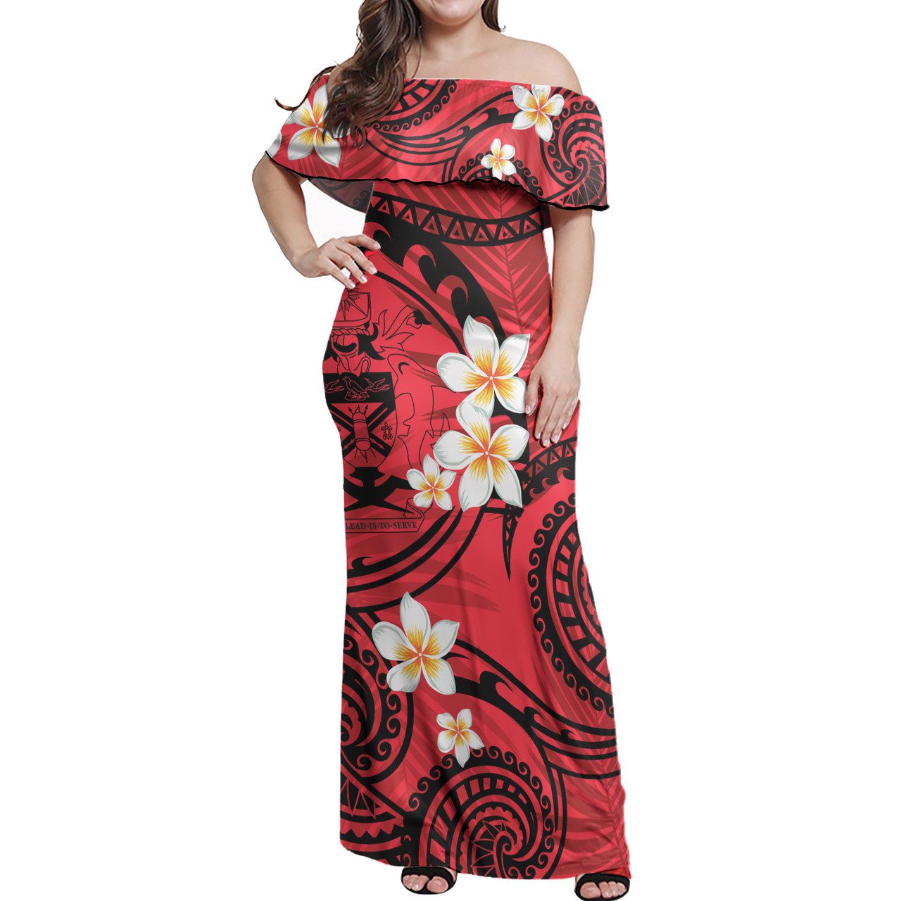 Solomon Islands Off Shoulder Long Dress Plumeria Flowers Tribal Motif Red Version