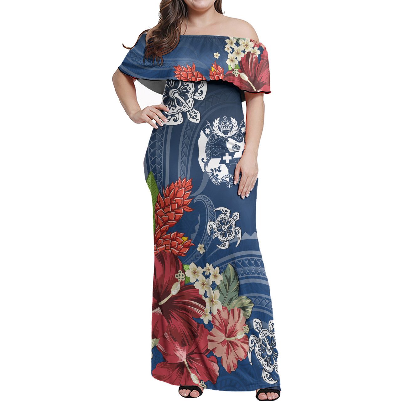 Tonga Combo Off Shoulder Long Dress And Shirt Flower And Turtle