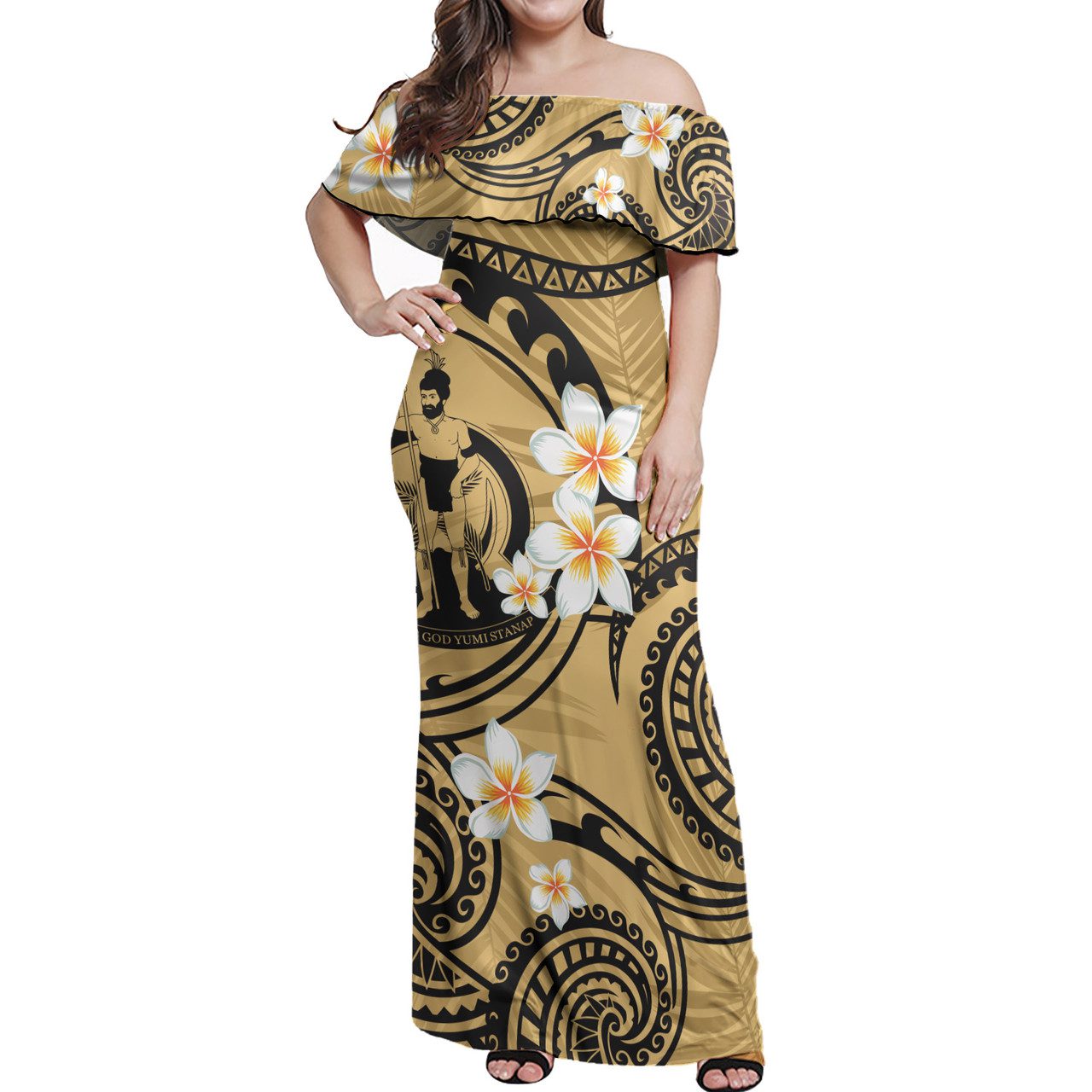 Vanuatu Off Shoulder Long Dress Plumeria Flowers Tribal Motif Yellow Version