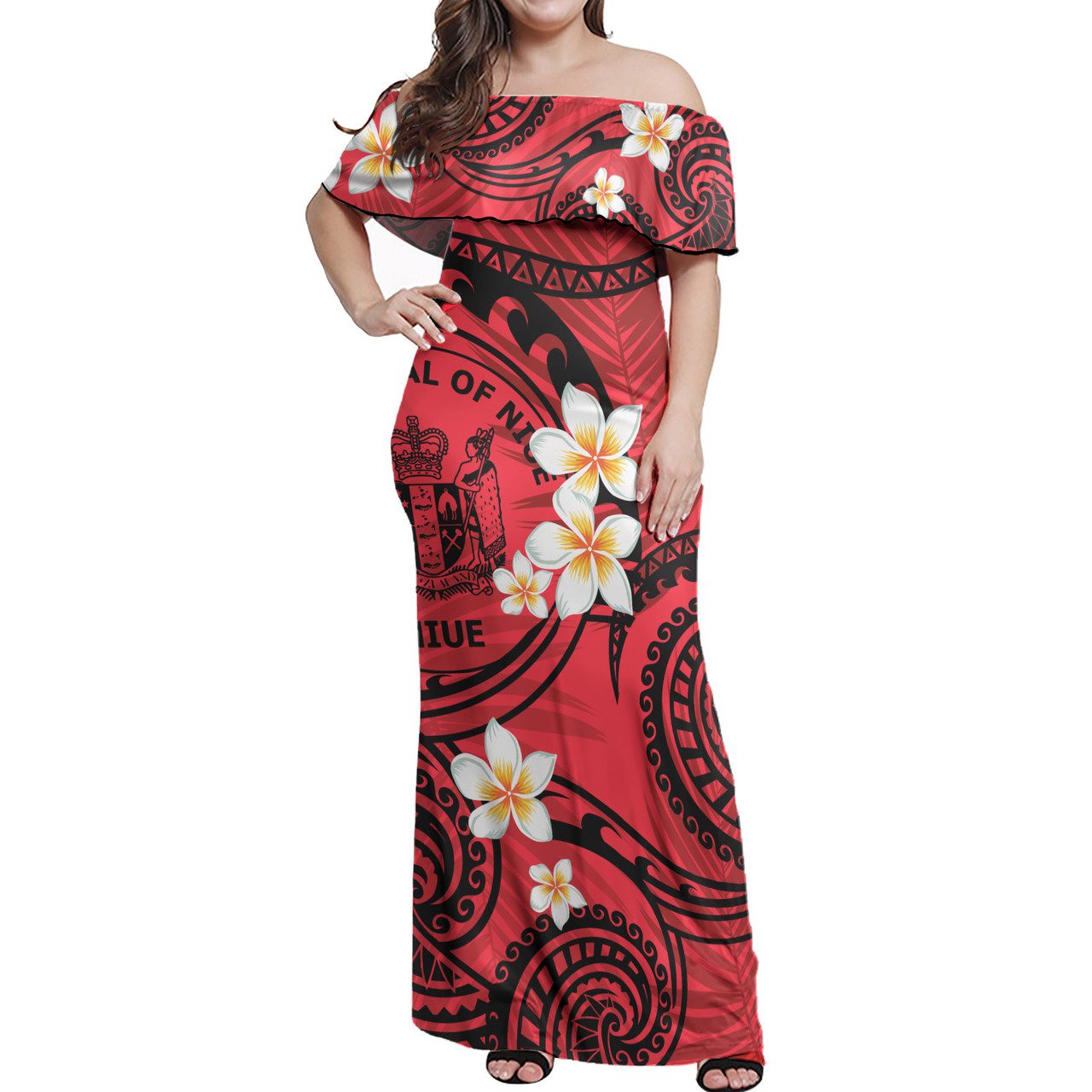 Niue Off Shoulder Long Dress Plumeria Flowers Tribal Motif Red Version