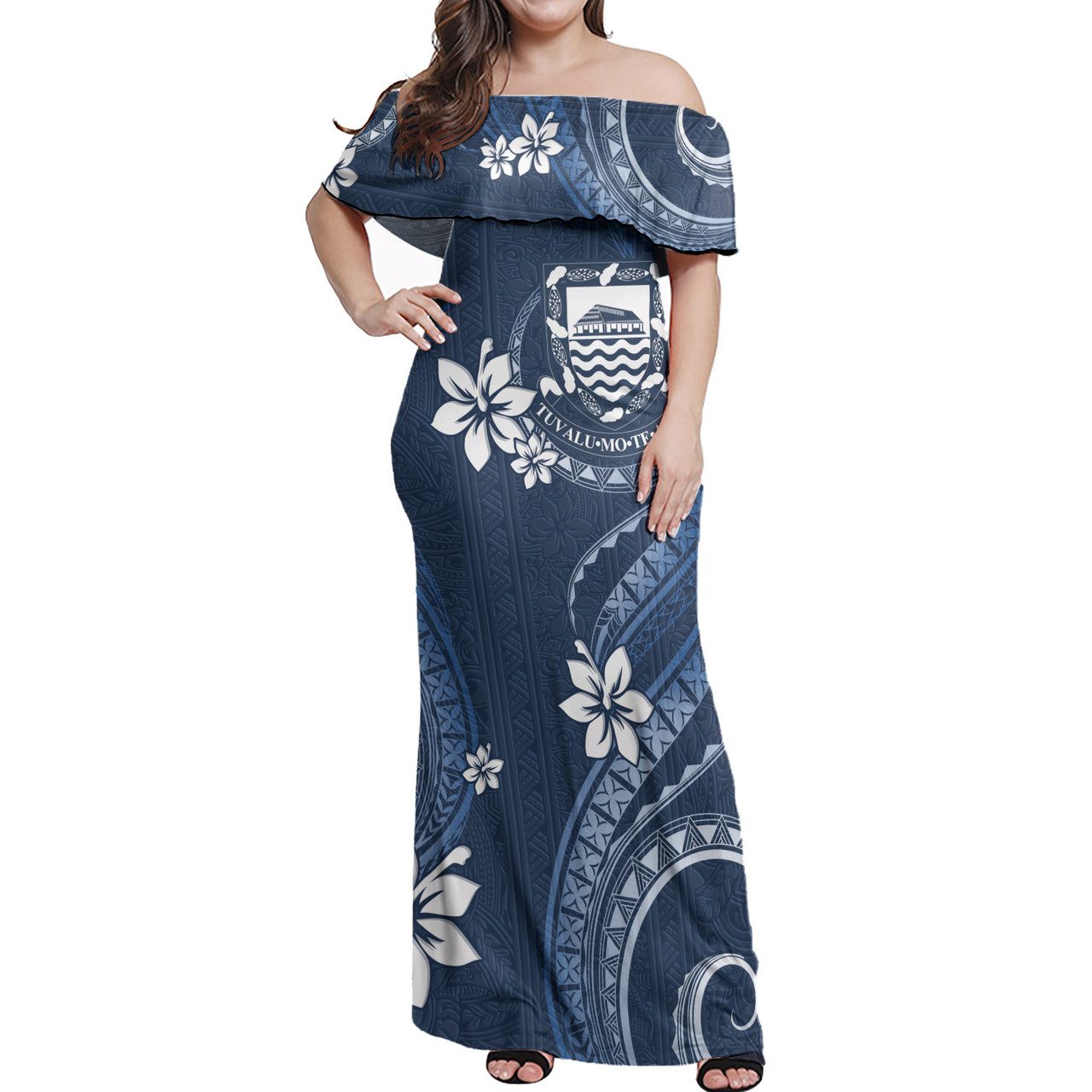 Tuvalu Off Shoulder Long Dress White Hibiscus Blue Pattern