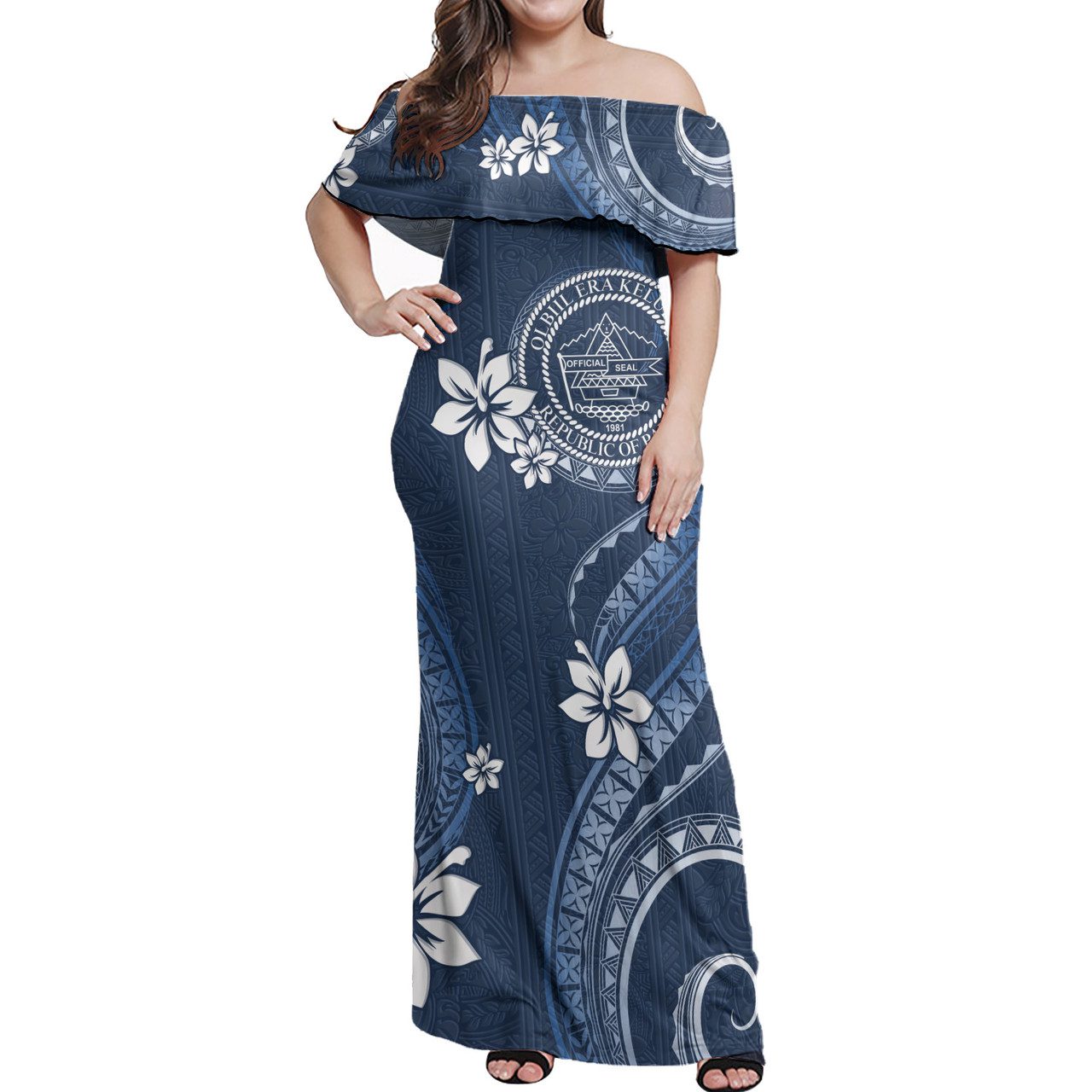 Palau Off Shoulder Long Dress White Hibiscus Blue Pattern