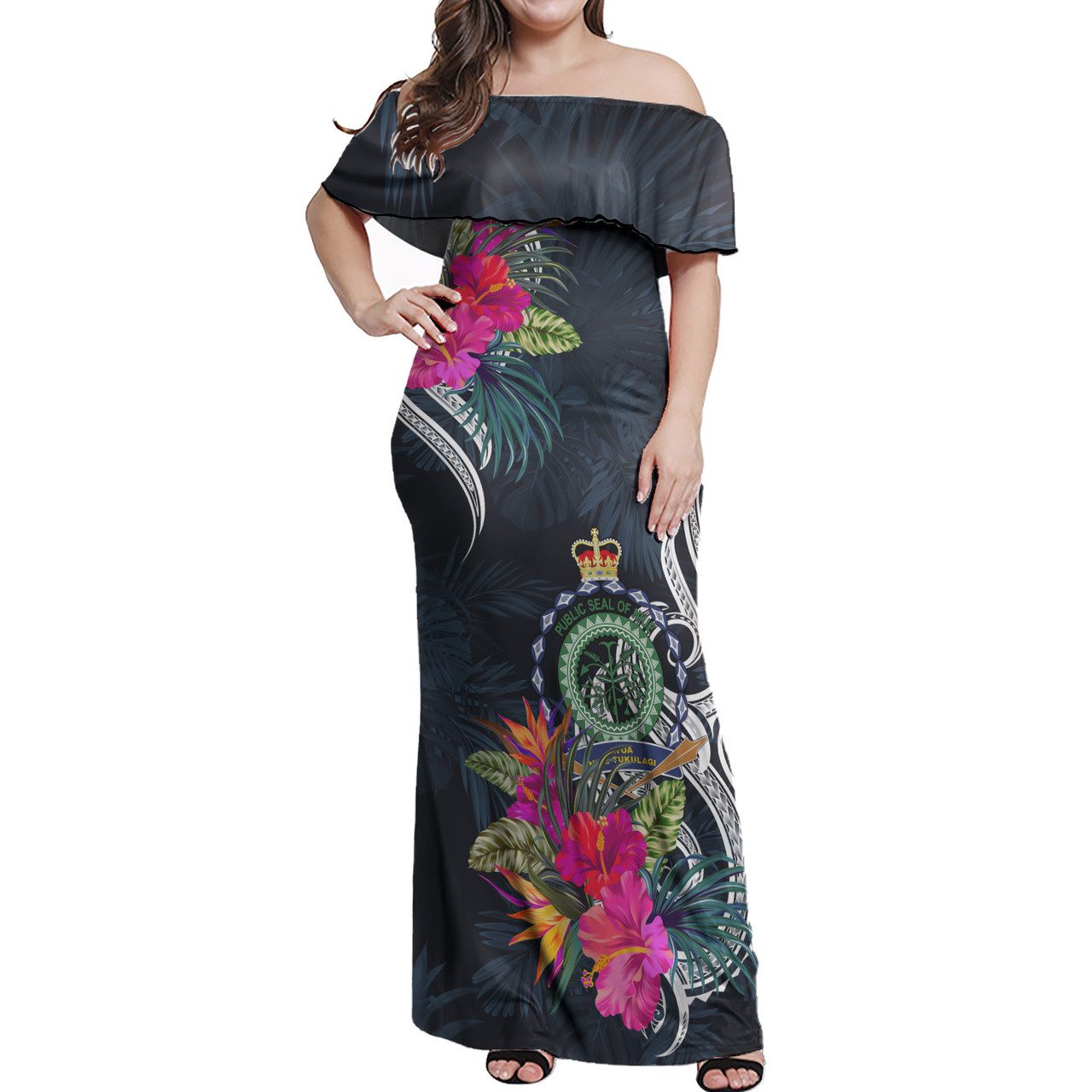 Niue Combo Off Shoulder Long Dress And Shirt Tropical Flower