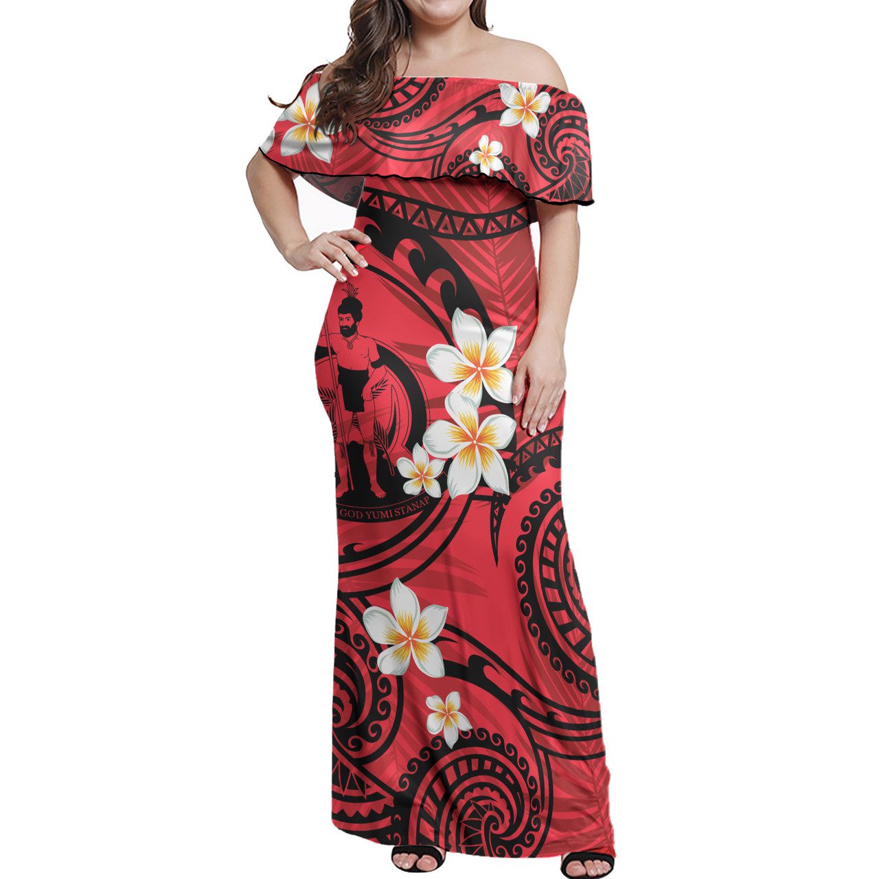 Vanuatu Off Shoulder Long Dress Plumeria Flowers Tribal Motif Red Version