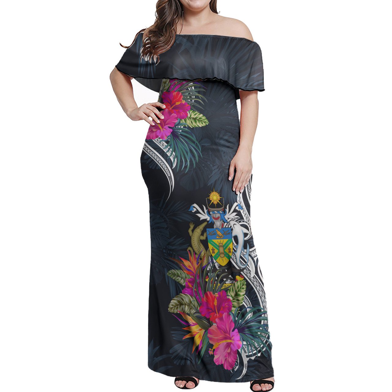 Solomon Islands Combo Off Shoulder Long Dress And Shirt Tropical Flower