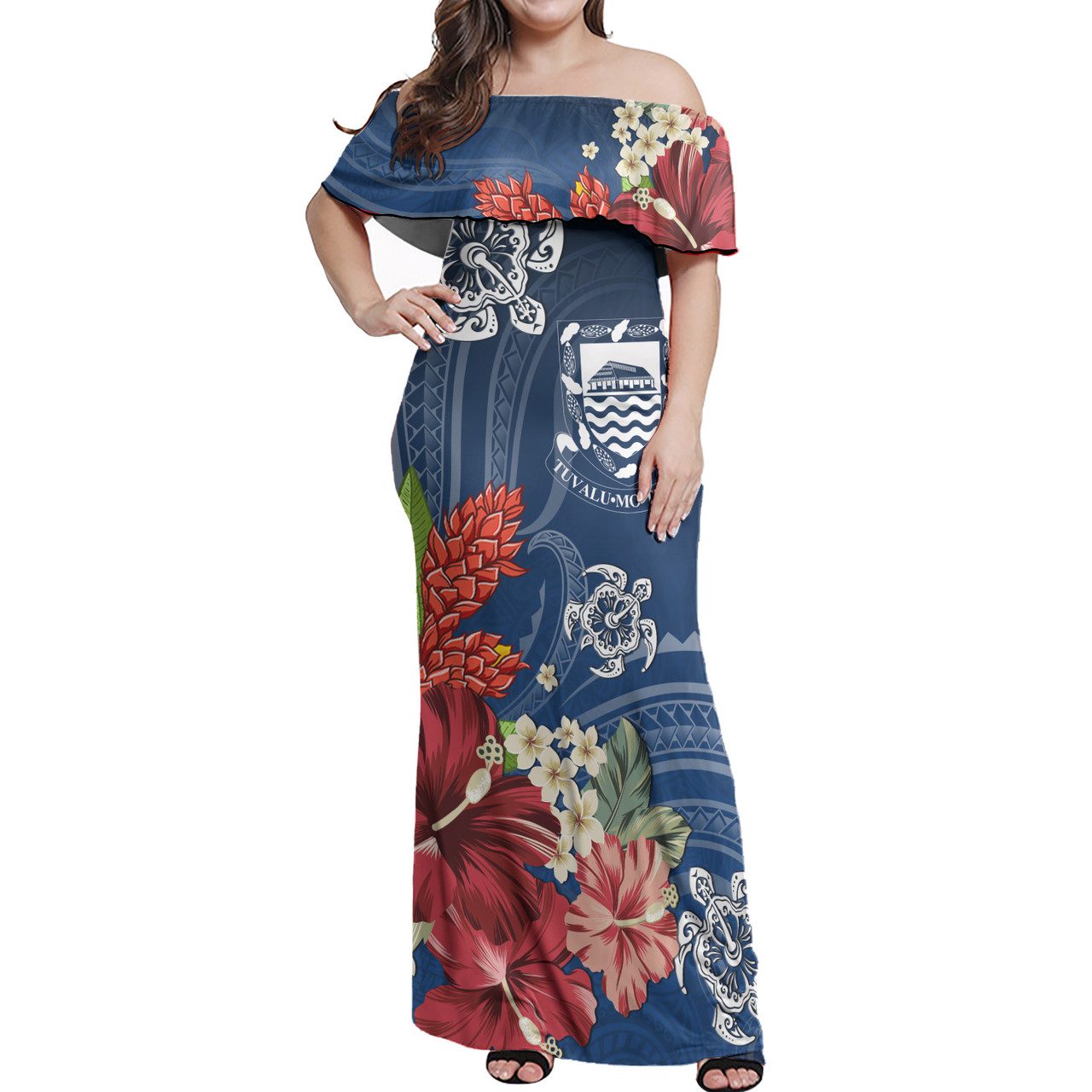 Tuvalu Combo Off Shoulder Long Dress And Shirt Flower And Turtle