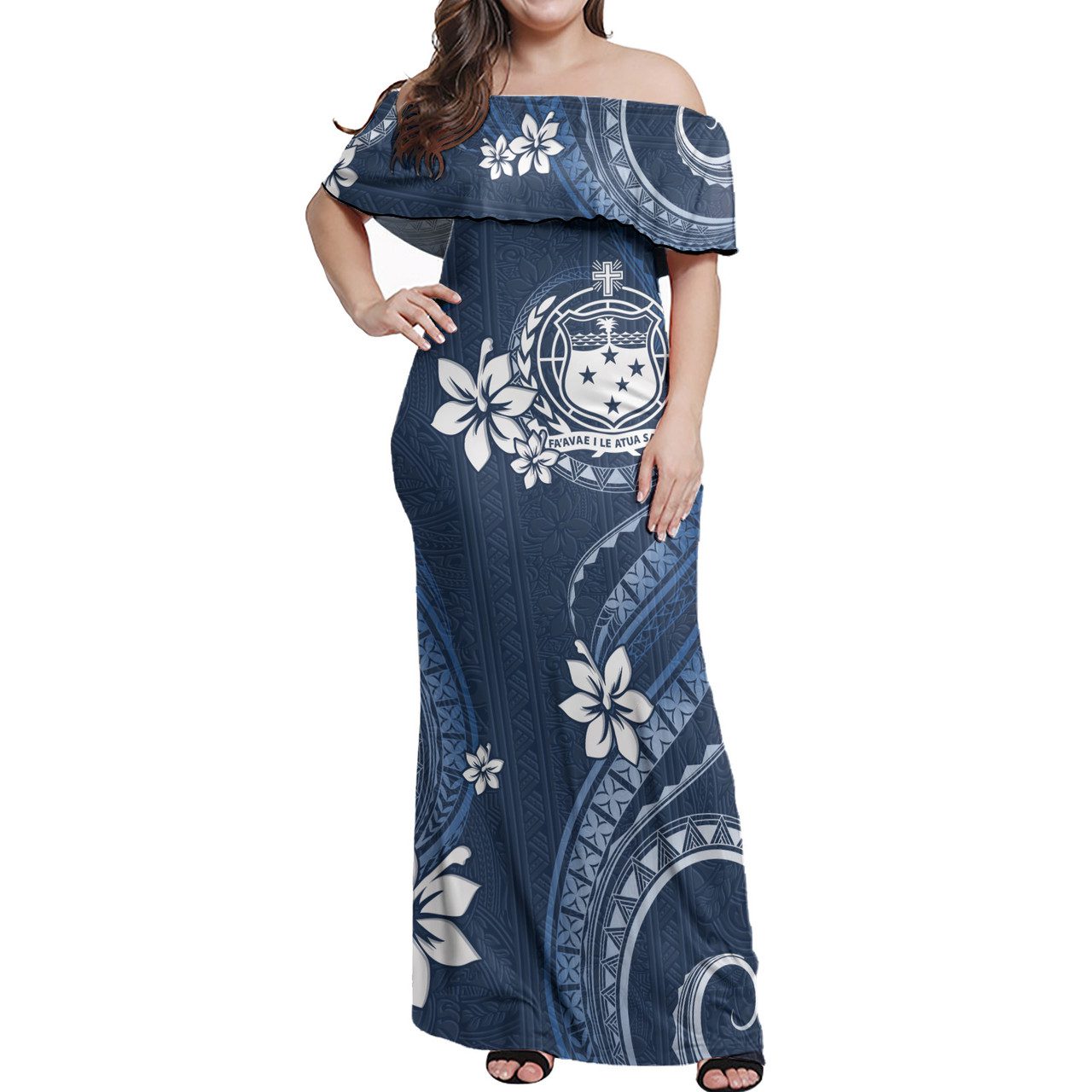 American Samoa Off Shoulder Long Dress White Hibiscus Blue Pattern