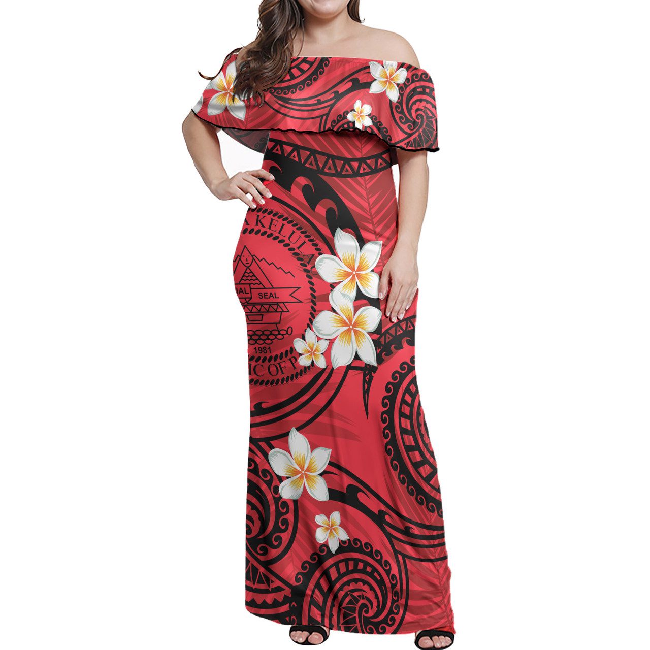 Palau Off Shoulder Long Dress Plumeria Flowers Tribal Motif Red Version