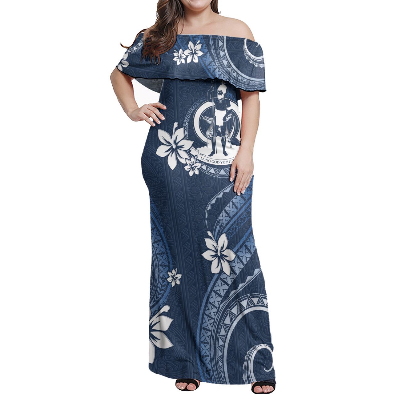 Vanuatu Off Shoulder Long Dress White Hibiscus Blue Pattern