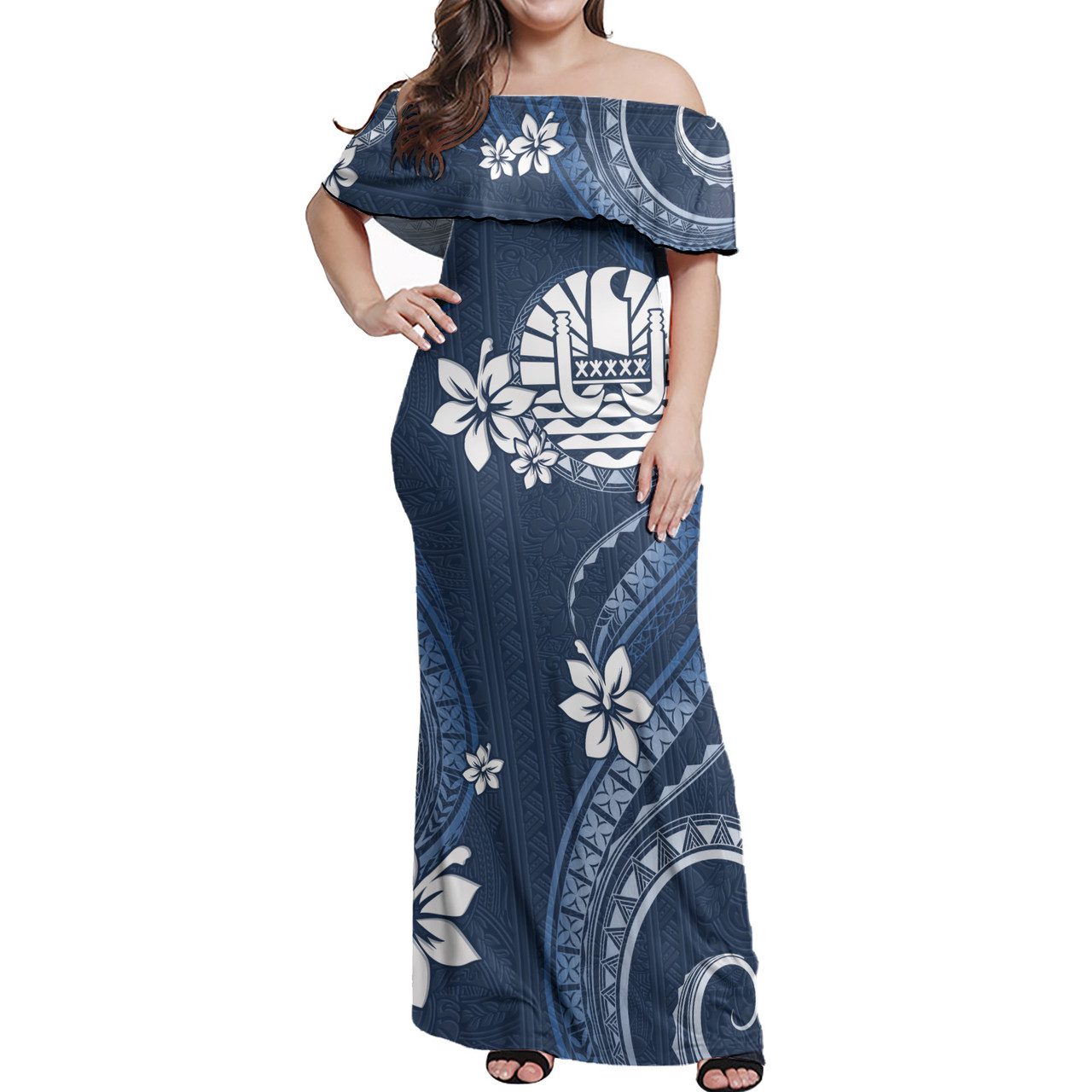 Tahiti Off Shoulder Long Dress White Hibiscus Blue Pattern