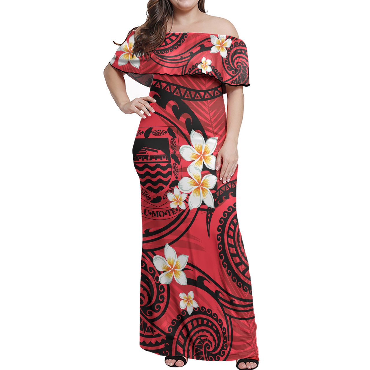 Tuvalu Off Shoulder Long Dress Plumeria Flowers Tribal Motif Red Version