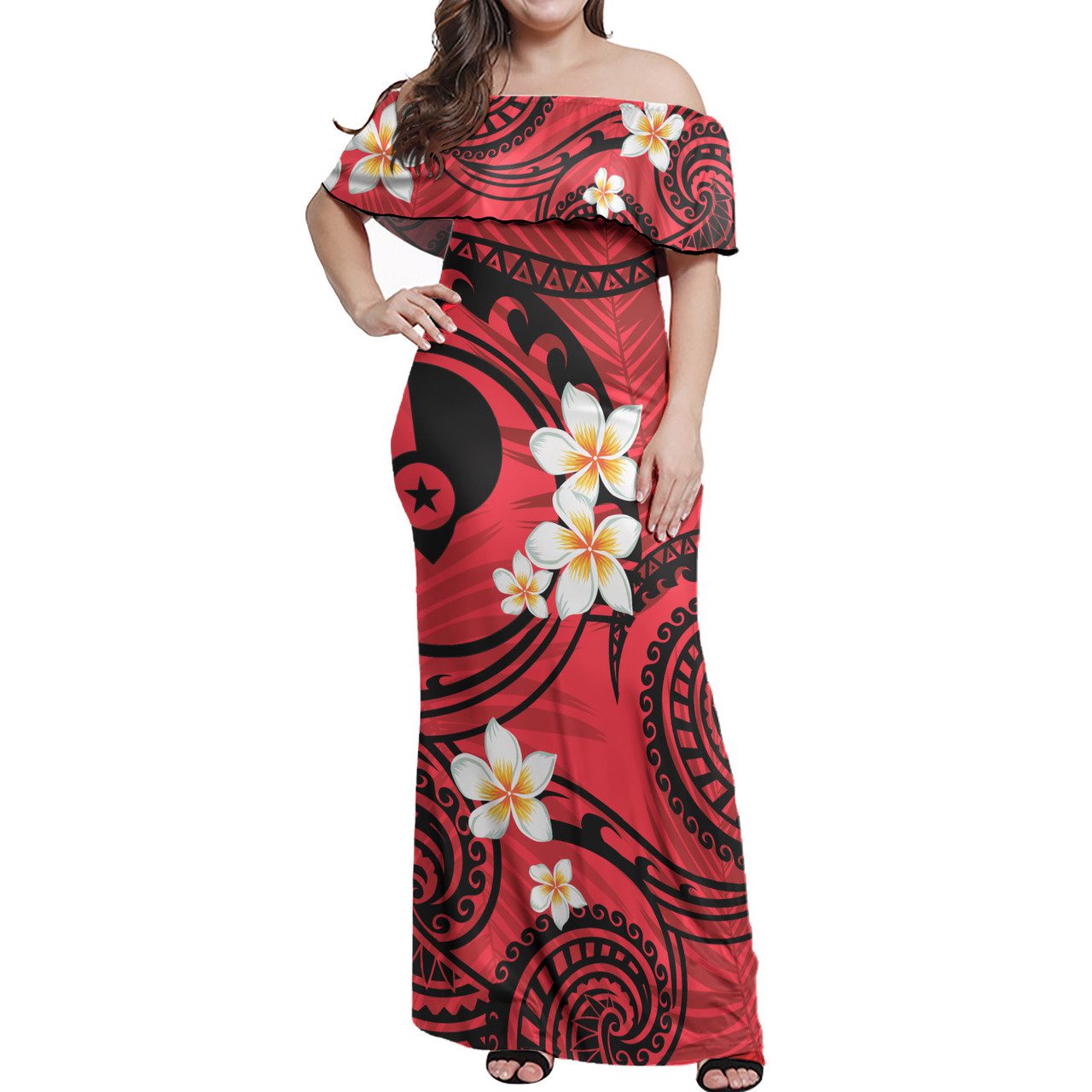 Yap State Off Shoulder Long Dress Plumeria Flowers Tribal Motif Red Version