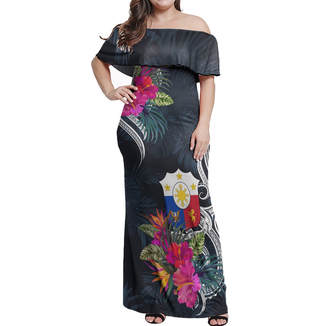 Philippines Filipinos Combo Off Shoulder Long Dress And Shirt Tropical Flower