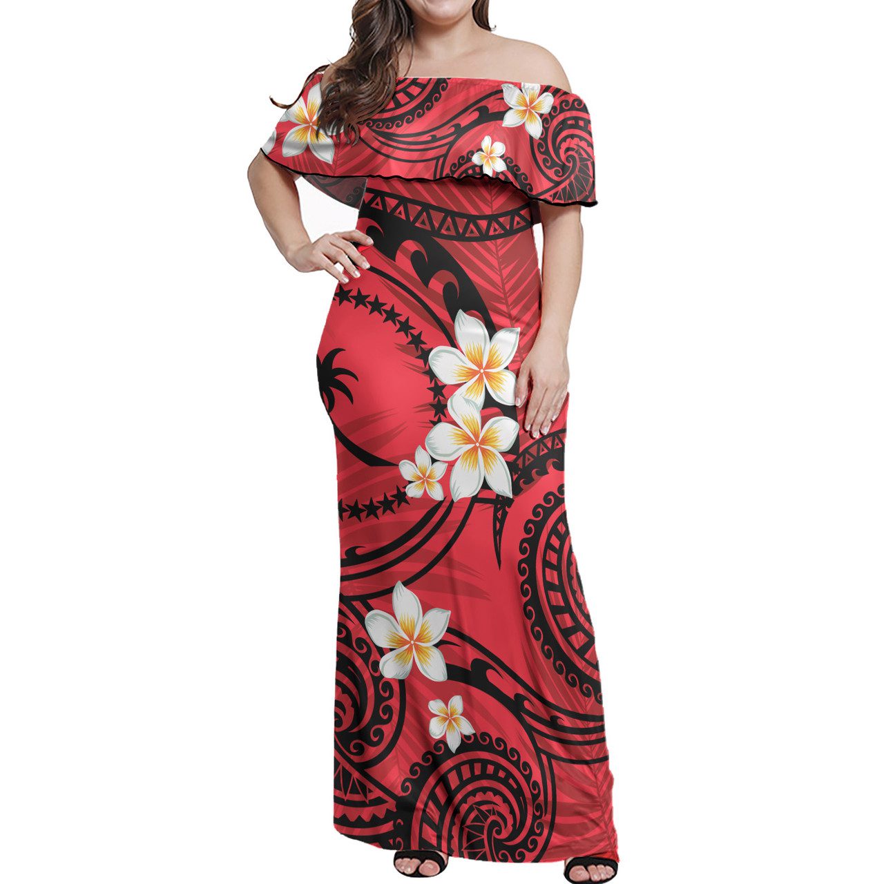 Chuuk State Off Shoulder Long Dress Plumeria Flowers Tribal Motif Red Version