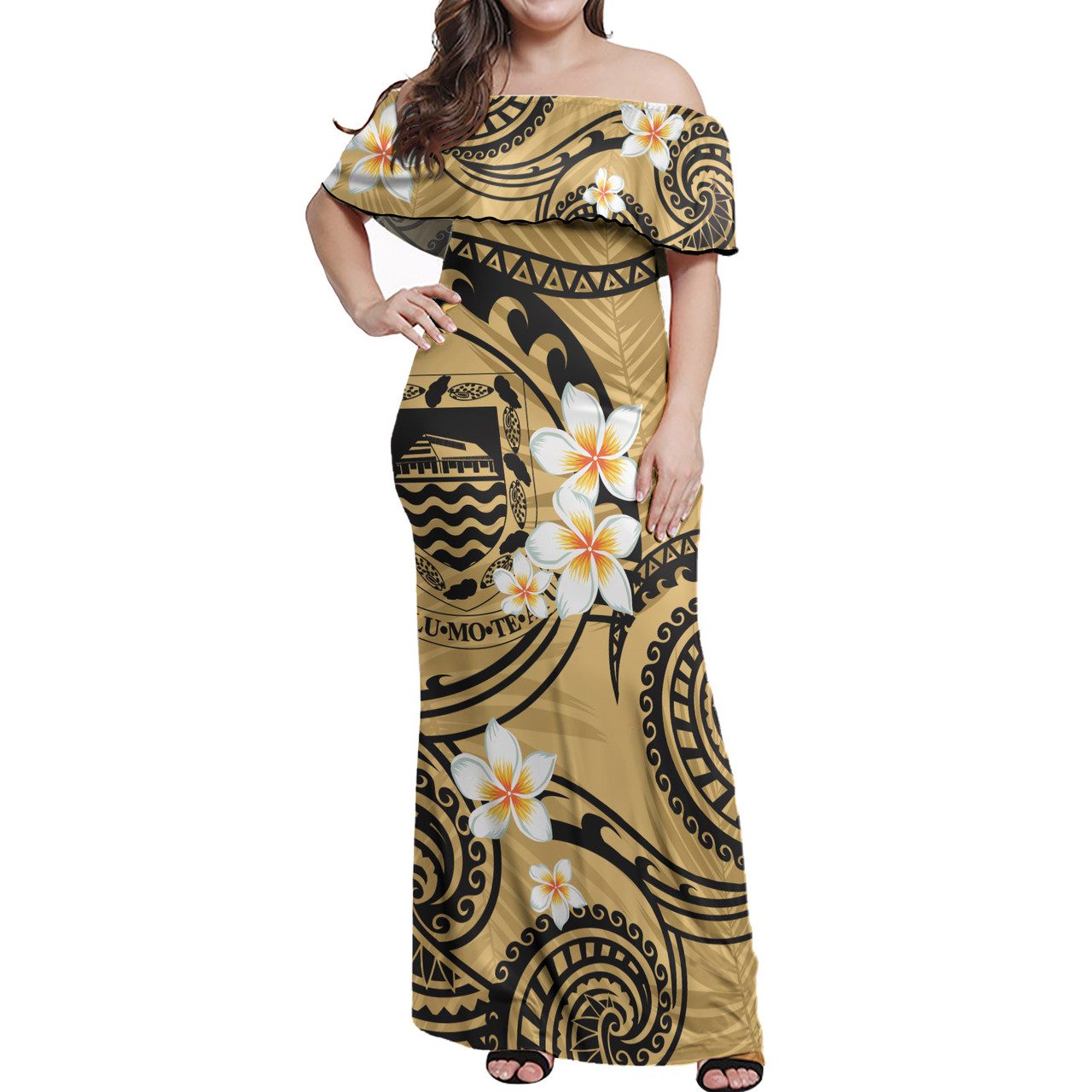 Tuvalu Off Shoulder Long Dress Plumeria Flowers Tribal Motif Yellow Version