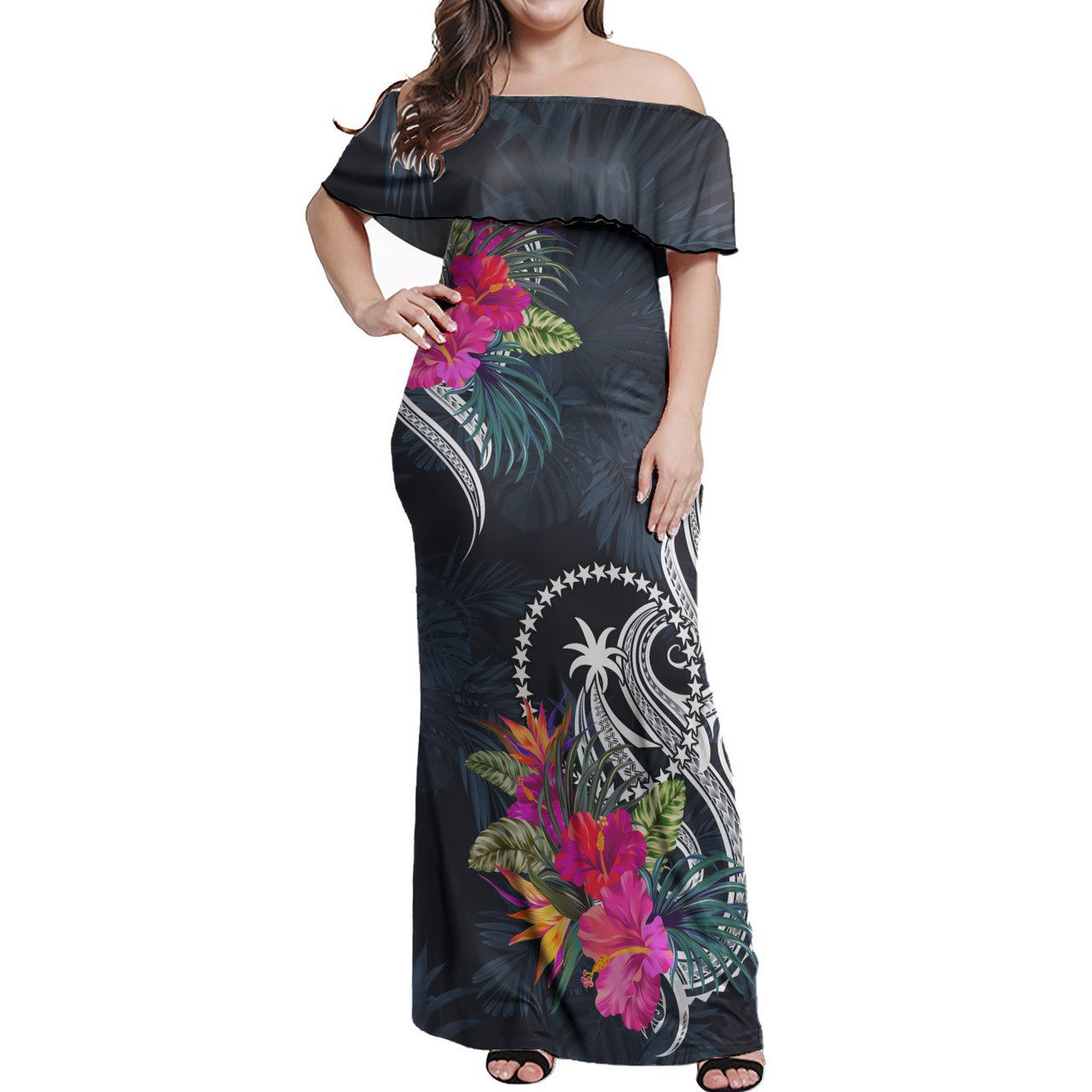 Chuuk State Combo Off Shoulder Long Dress And Shirt Tropical Flower