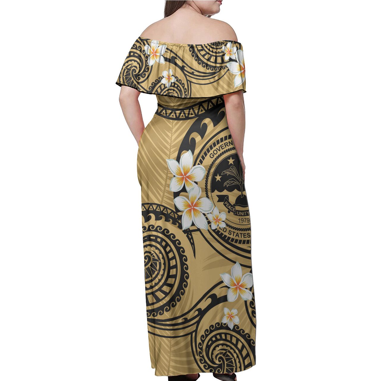 Federated States Of Micronesia Off Shoulder Long Dress Plumeria Flowers Tribal Motif Yellow Version