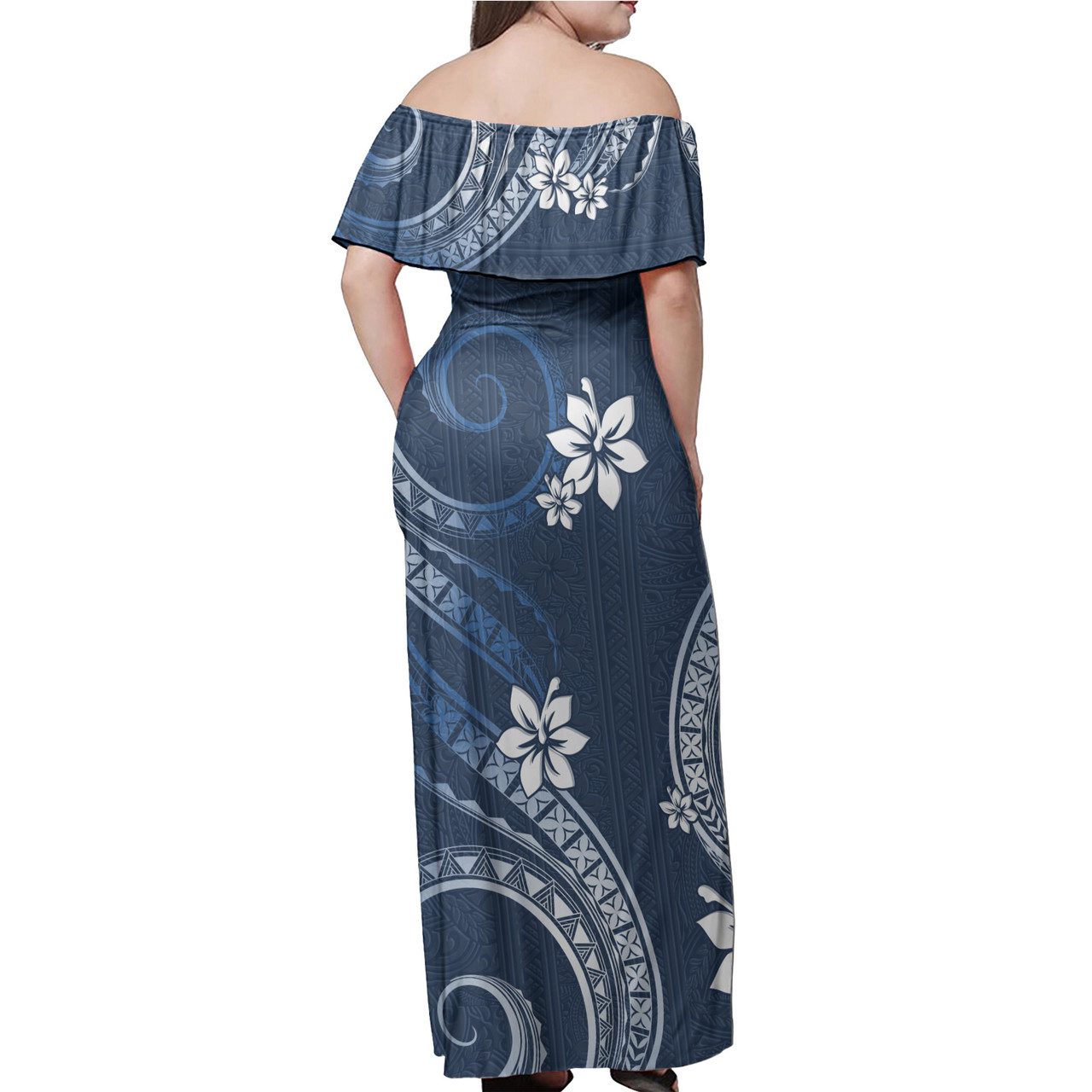 Vanuatu Off Shoulder Long Dress White Hibiscus Blue Pattern