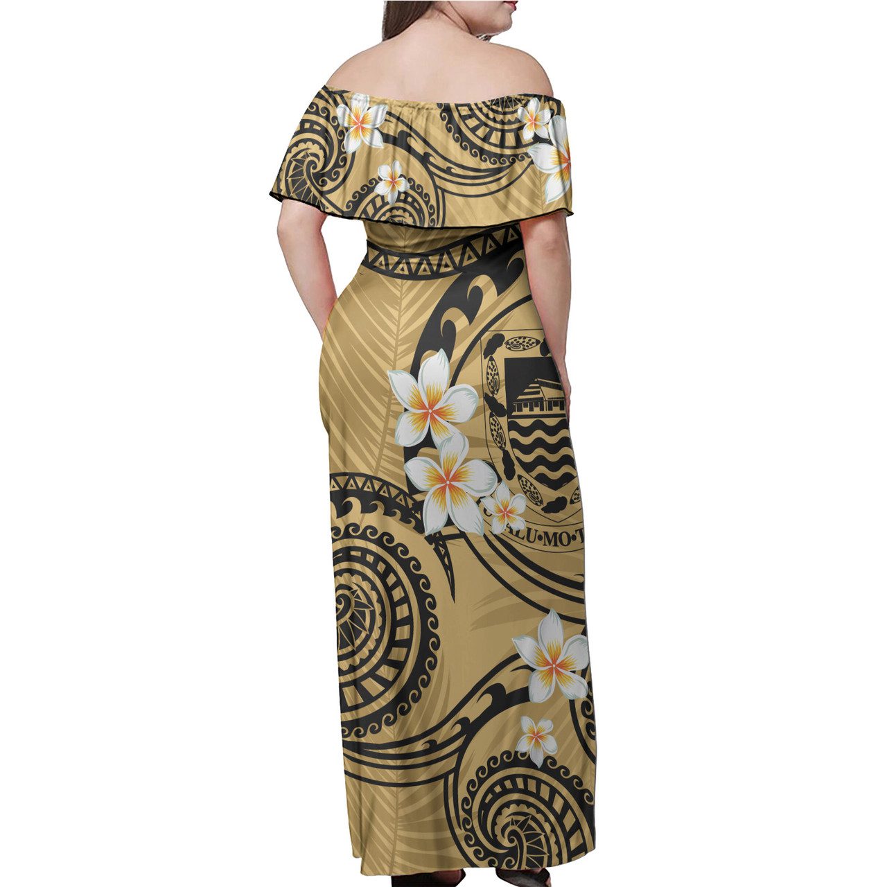 Tuvalu Off Shoulder Long Dress Plumeria Flowers Tribal Motif Yellow Version