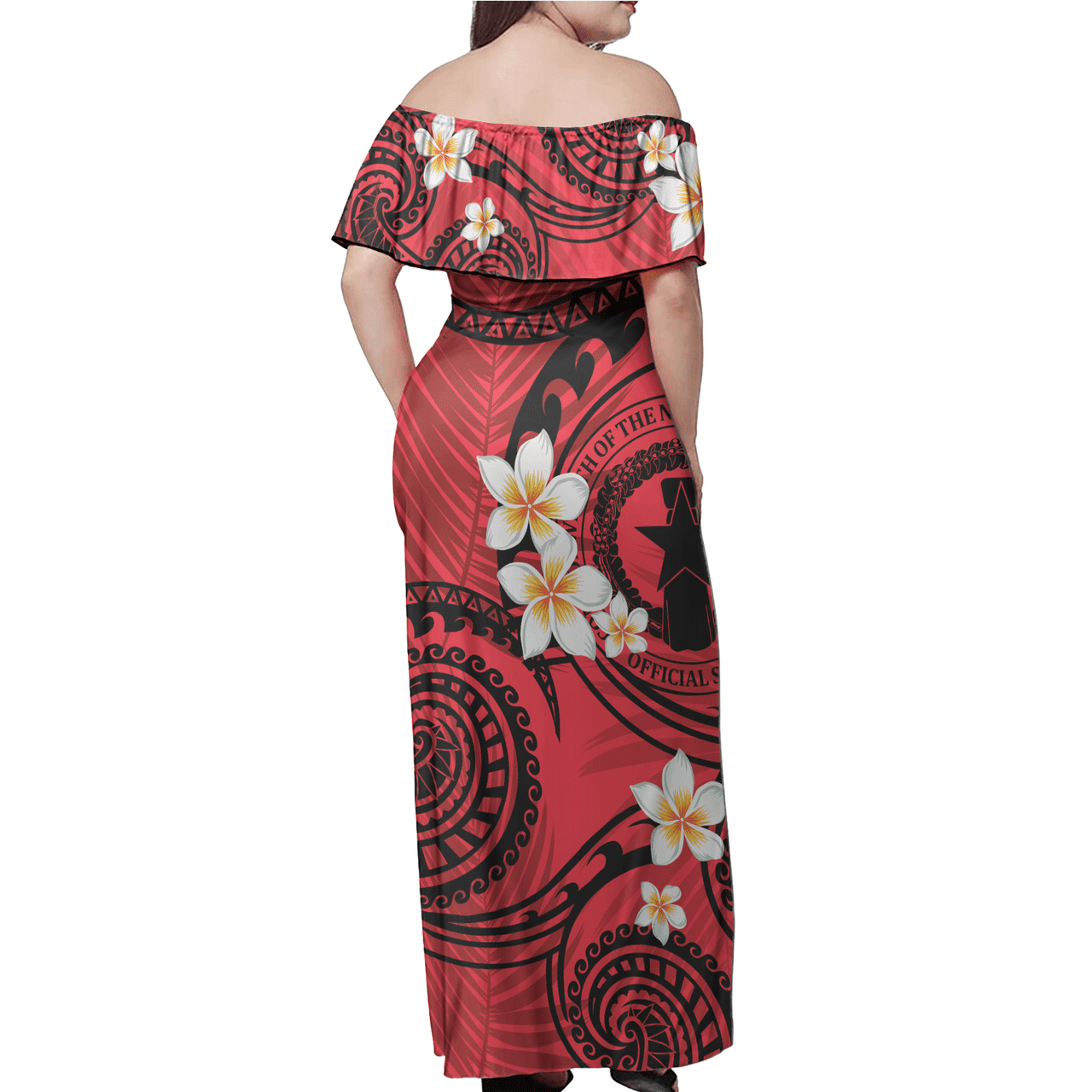 Northern Mariana Islands Off Shoulder Long Dress Plumeria Flowers Tribal Motif Red Version