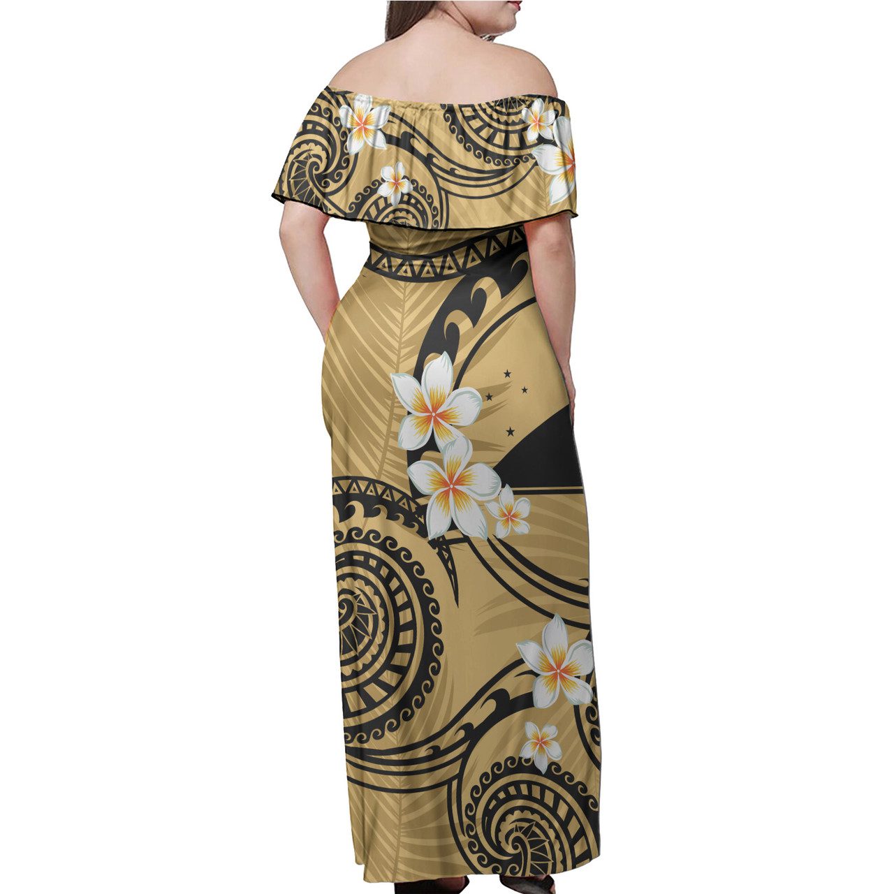 Tokelau Off Shoulder Long Dress Plumeria Flowers Tribal Motif Yellow Version