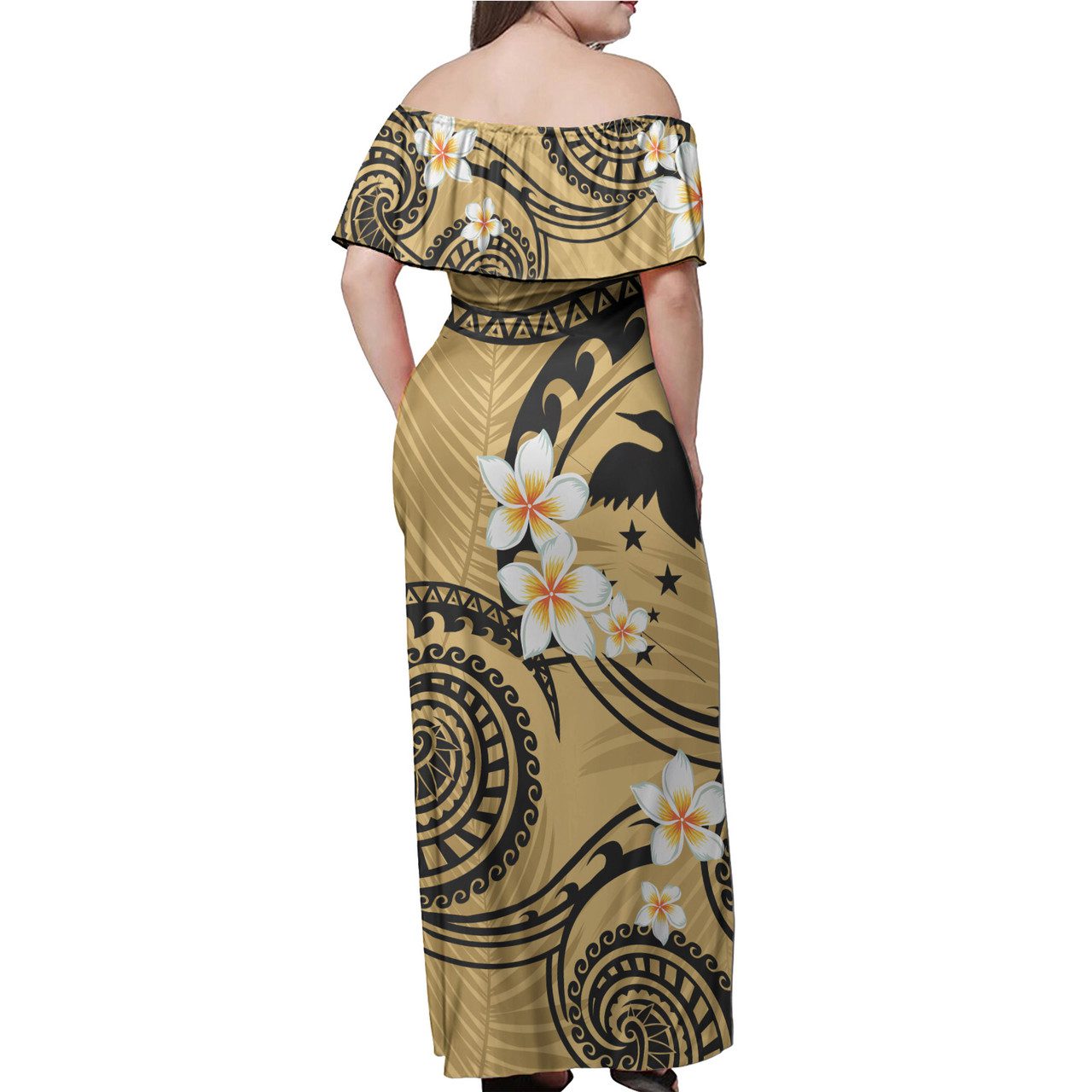 Papua New Guinea Off Shoulder Long Dress Plumeria Flowers Tribal Motif Yellow Version