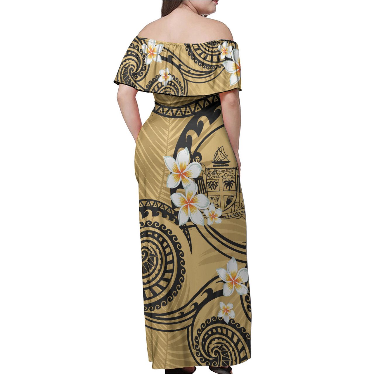 Fiji Off Shoulder Long Dress Plumeria Flowers Tribal Motif Yellow Version