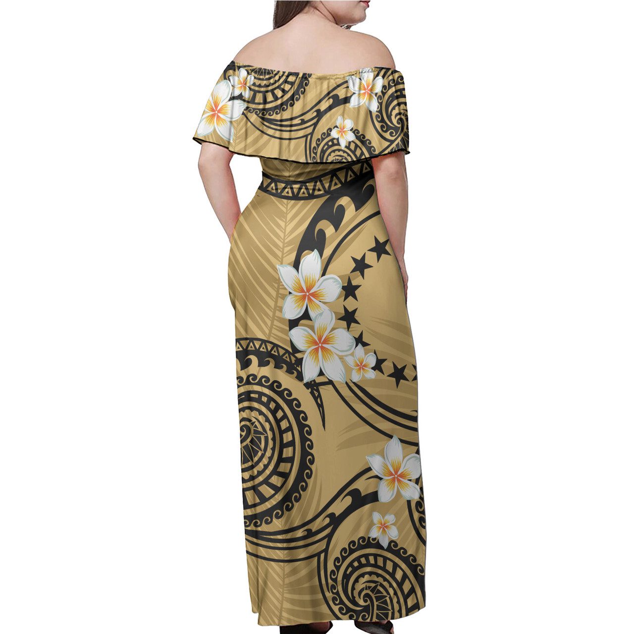Cook Islands Off Shoulder Long Dress Plumeria Flowers Tribal Motif Yellow Version