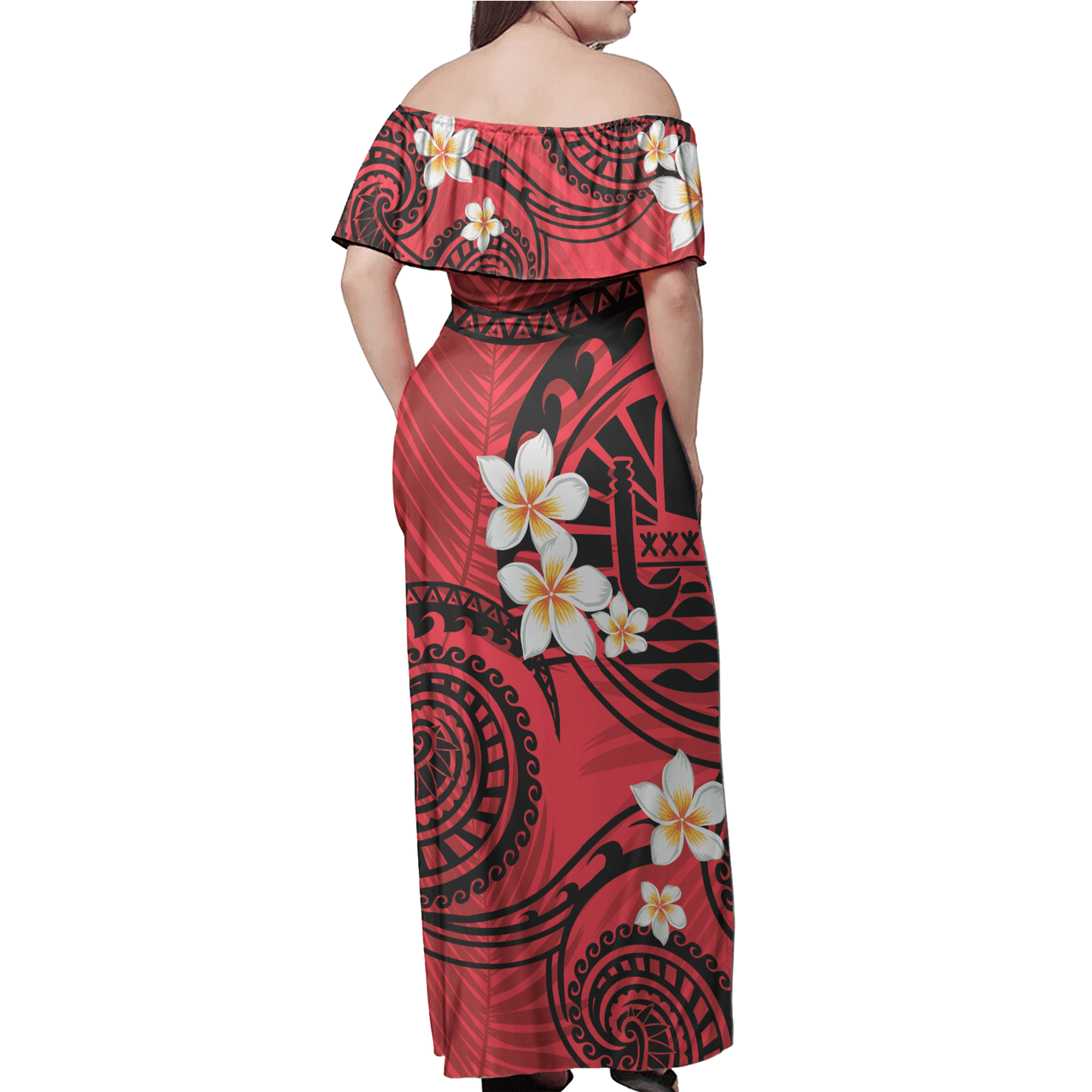 Tahiti Off Shoulder Long Dress Plumeria Flowers Tribal Motif Red Version