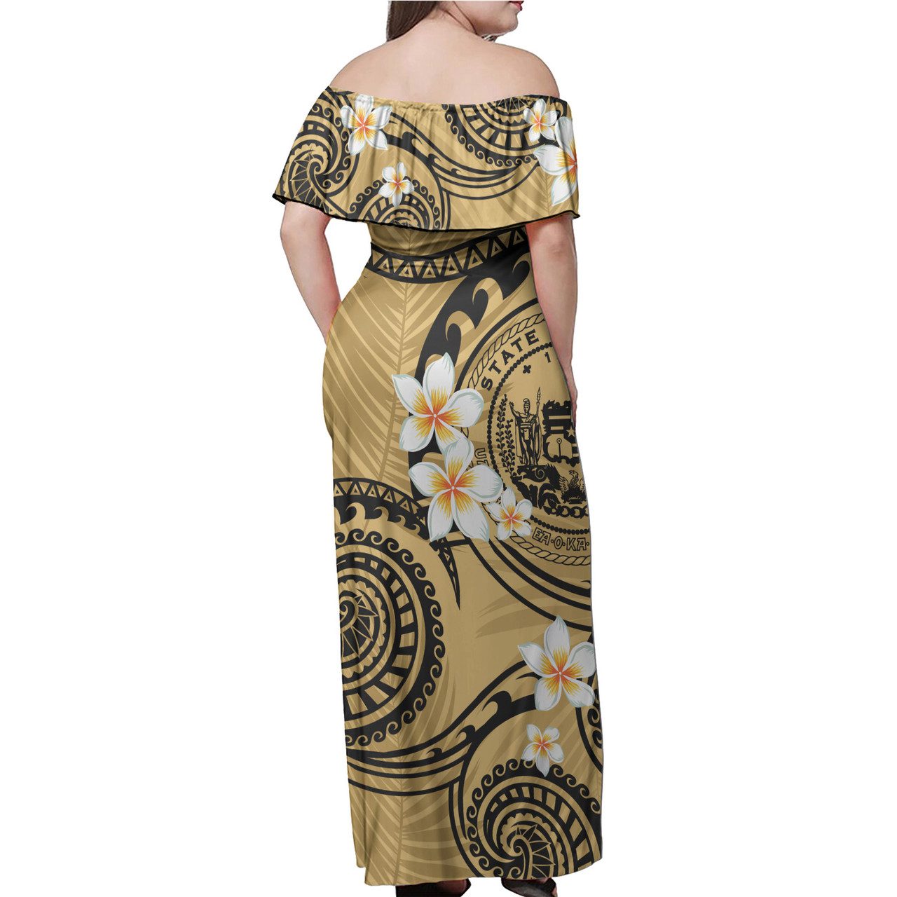 Hawaii Off Shoulder Long Dress Plumeria Flowers Tribal Motif Yellow Version