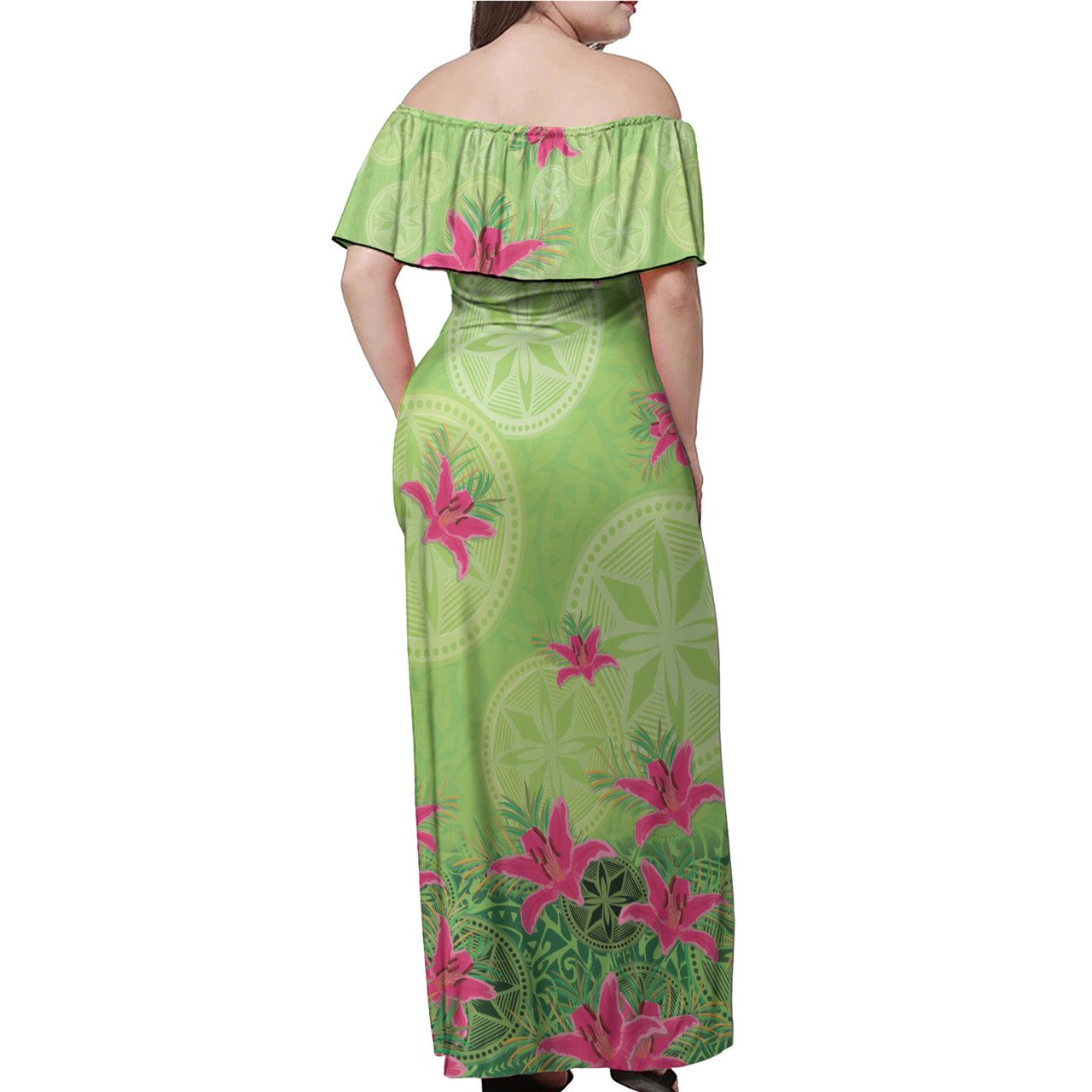 Hawaii Off Shoulder Long Dress Lilies With Polynesian Pattern