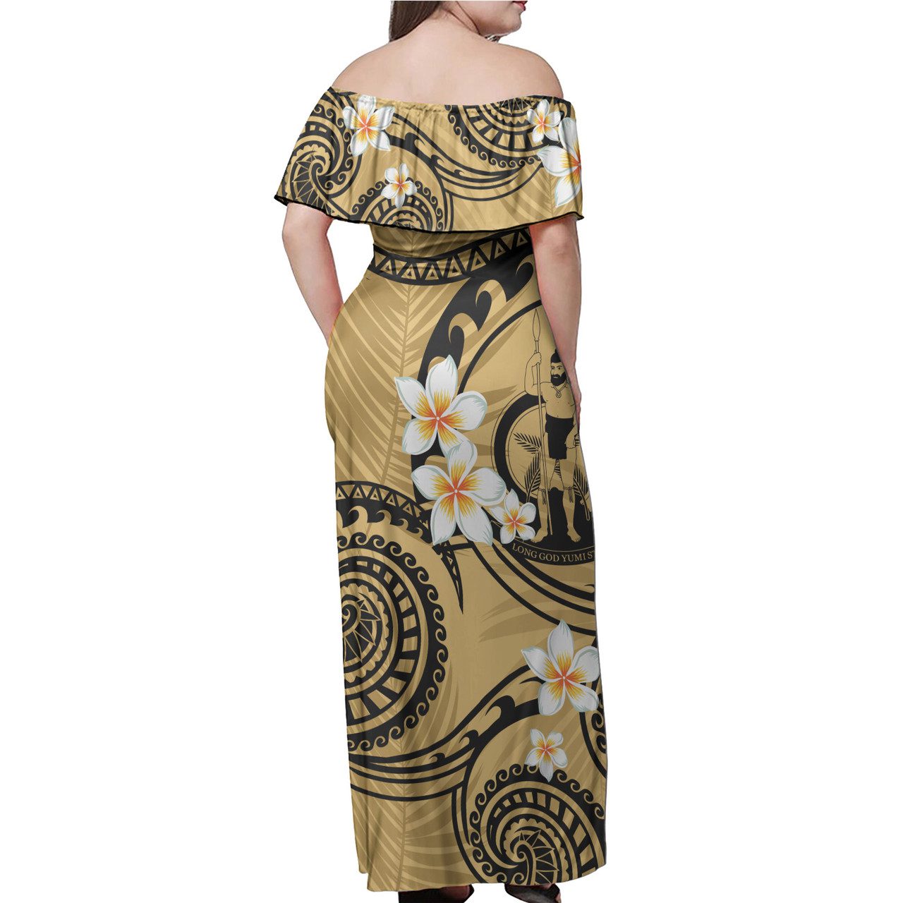 Vanuatu Off Shoulder Long Dress Plumeria Flowers Tribal Motif Yellow Version